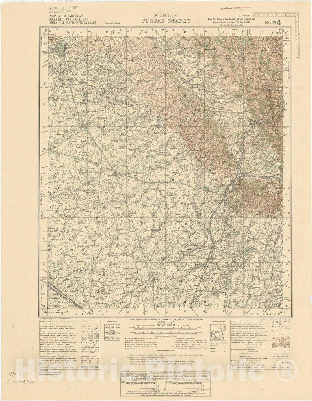 Map : Ambala, Hoshiarpur and Simla Districts, Kalsia and Simla Hill States, Patiala State, Punjab, Punjab States, No. 53 B/N.E. 1943, India and adjacent countries