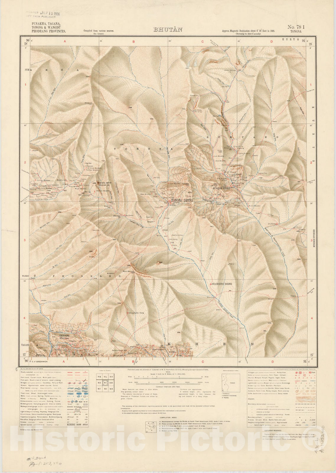 Map : Punakha, Tagana, Tongsa & Wangdu Phodrang Provinces, Bhutan, No. 78 I 1935, India 1:253,440, Antique Vintage Reproduction