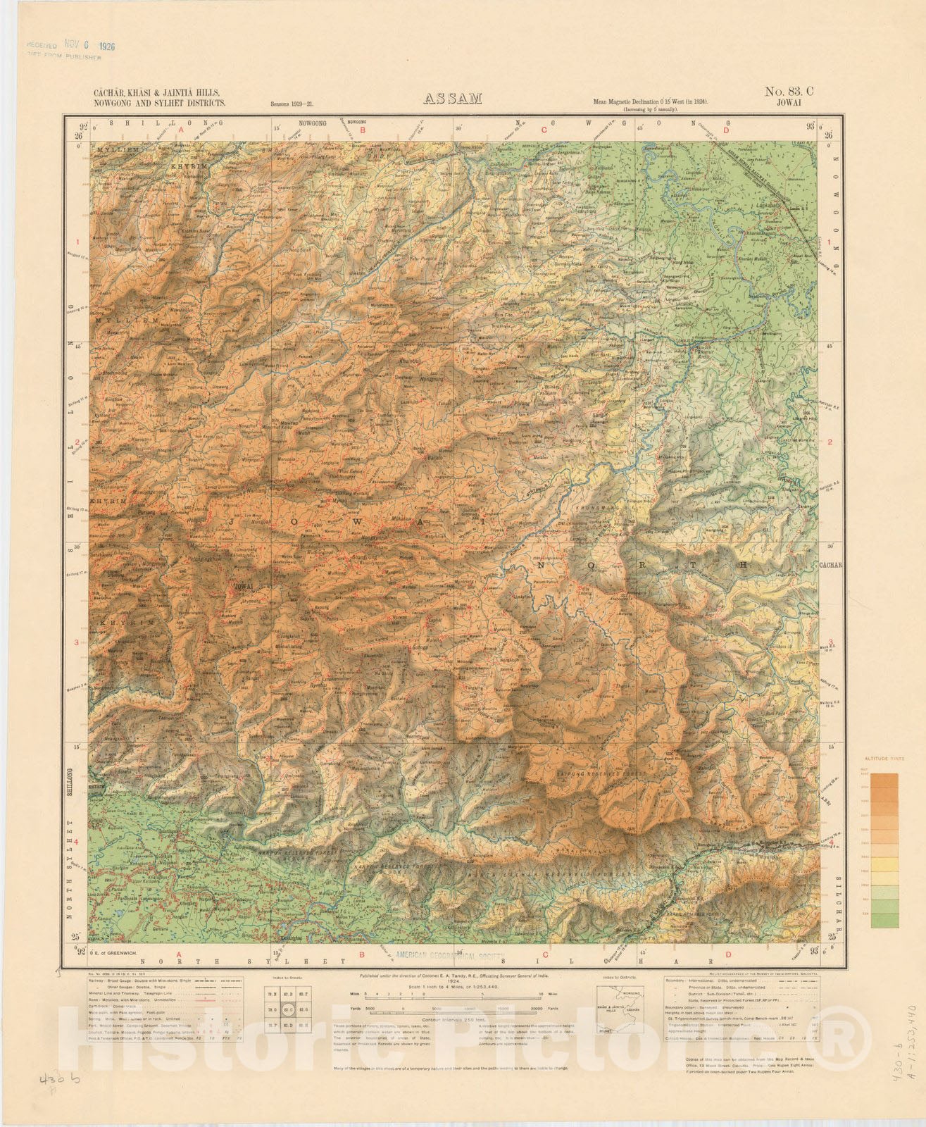 Map : Cachar, Khasi & Jaintia Hills, Nowgong and Sylhet Districts, Assam, No. 83 C 1924, India 1:253,440, Antique Vintage Reproduction