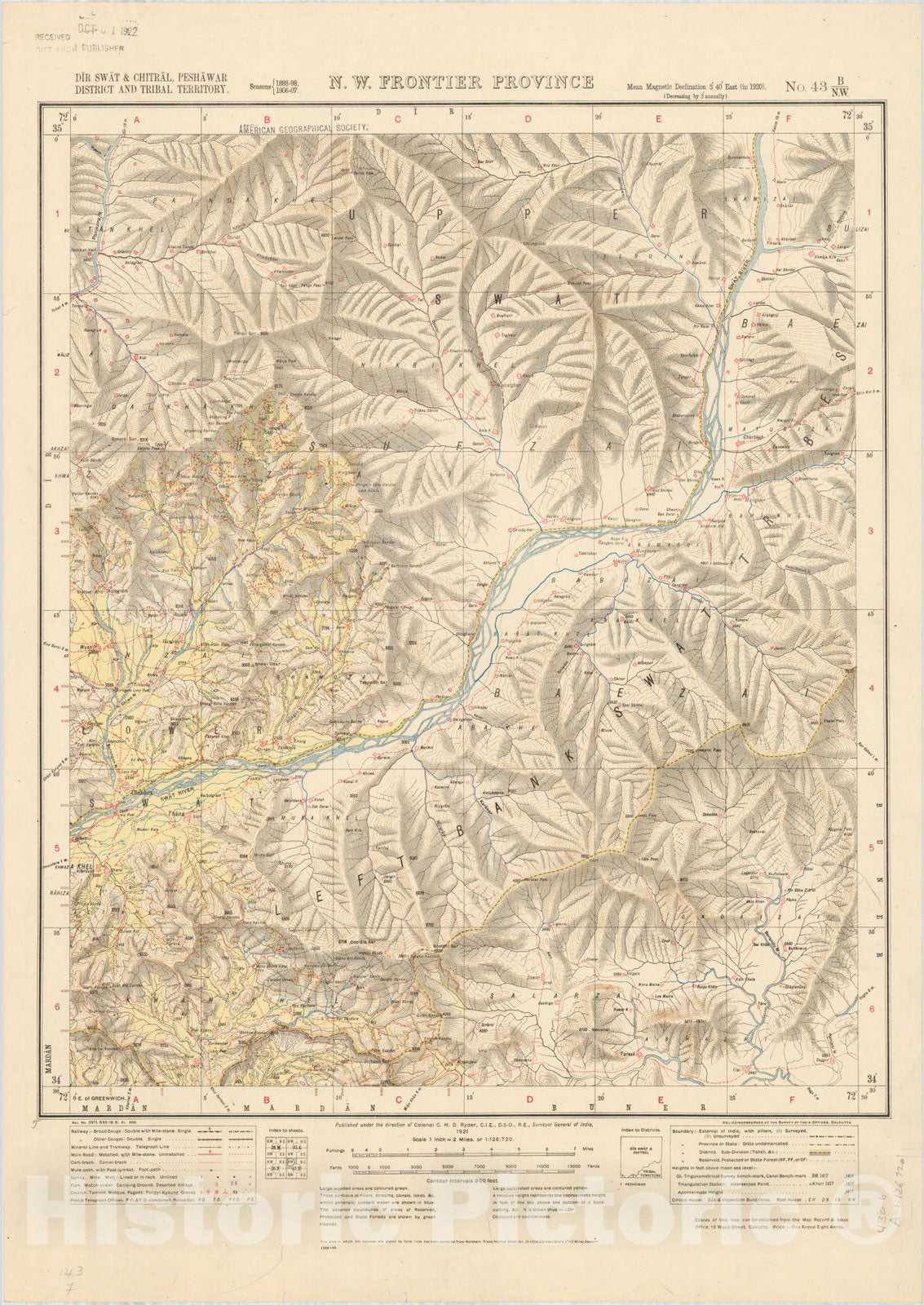 Historic Map : Dir Swat & Chitral, Pehsawar District and Tribal Territory, N.W. Frontier Province, No. 43 B/N.W. 1921, India and adjacent countries, Antique Vintage Reproduction