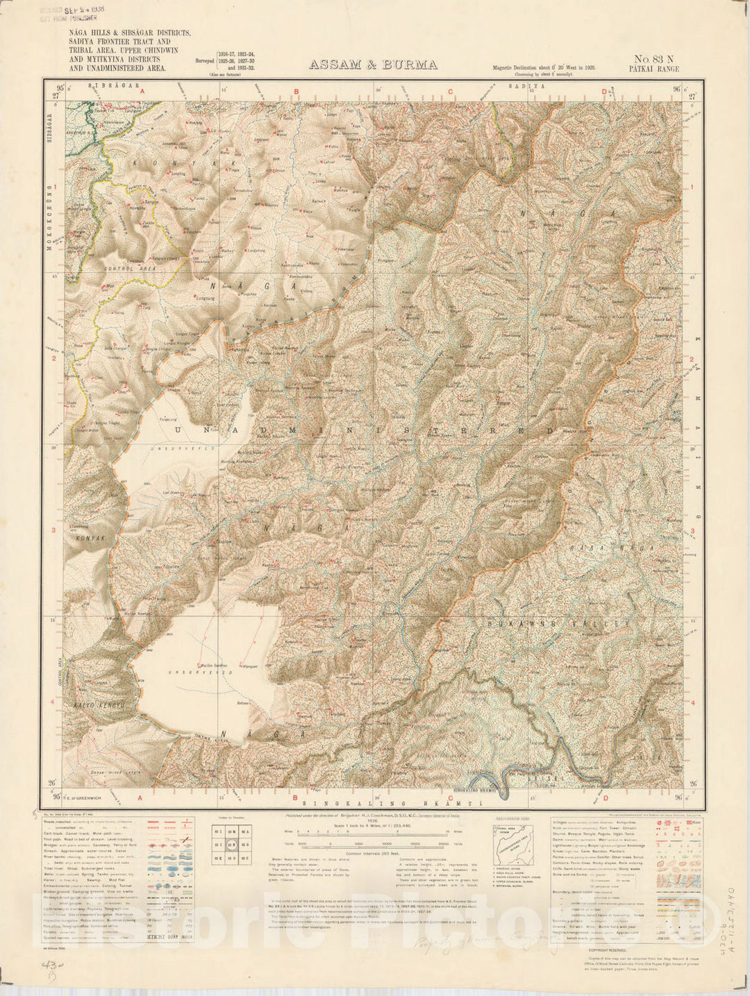 Map : Naga Hills & Sibsagar Districts, Sadiya Frontier Tract and Tribal area, Upper Chindwin, Assam & Burma, No. 83 N Patkai Range 1936, India 1:253,440