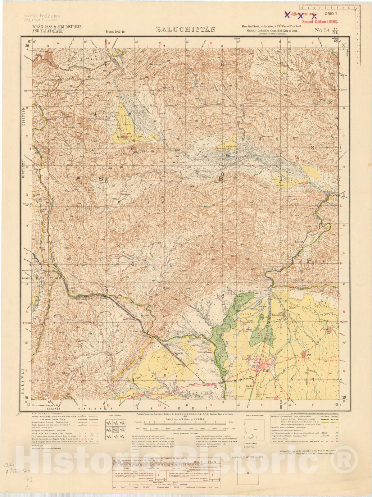 Map : Bolan Pass & Sibi Districts and Kalat State, Baluchistan No. 34 O/N.E. 1930, India and adjacent countries, Antique Vintage Reproduction