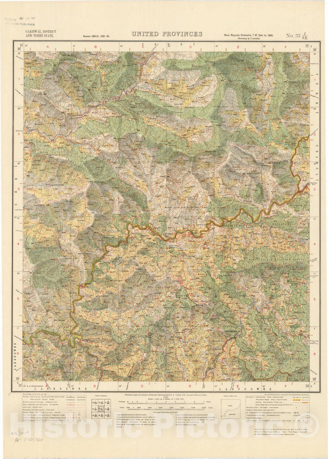 Map : Garhwal District and Tehri State, United Provinces, No. 53 J/S.E. 1925, India and adjacent countries, Antique Vintage Reproduction