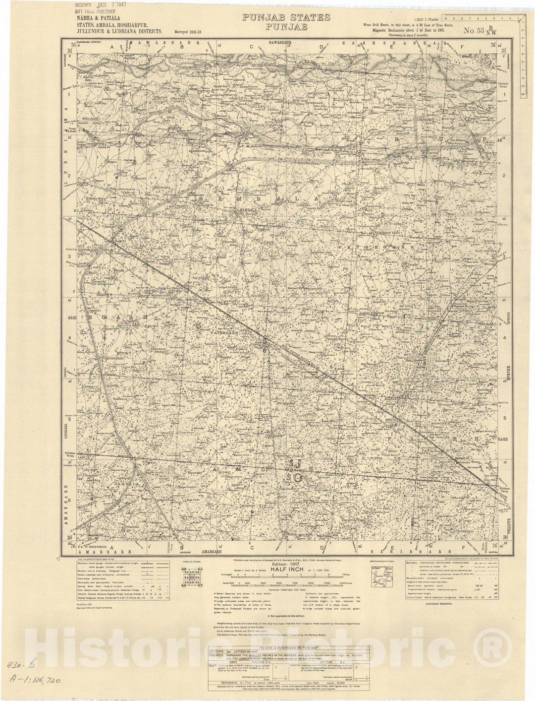 Map : Nabha & Patiala States, Ambala, Hoshiarpur, Jullundur & Ludhiana Districts, Punjab States, Punjab No. 53 B/N.W. 1943, India and adjacent countries