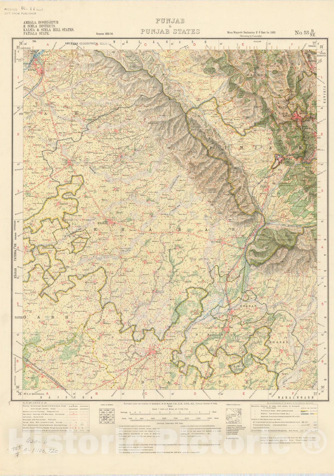 Map : Ambala, Hoshiarpur & Simla Districts, Kalsia & Simla Hill States, Patiala State, Punjab & Punjab States, No. 53 B/N.E. 1922, India and adjacent countries