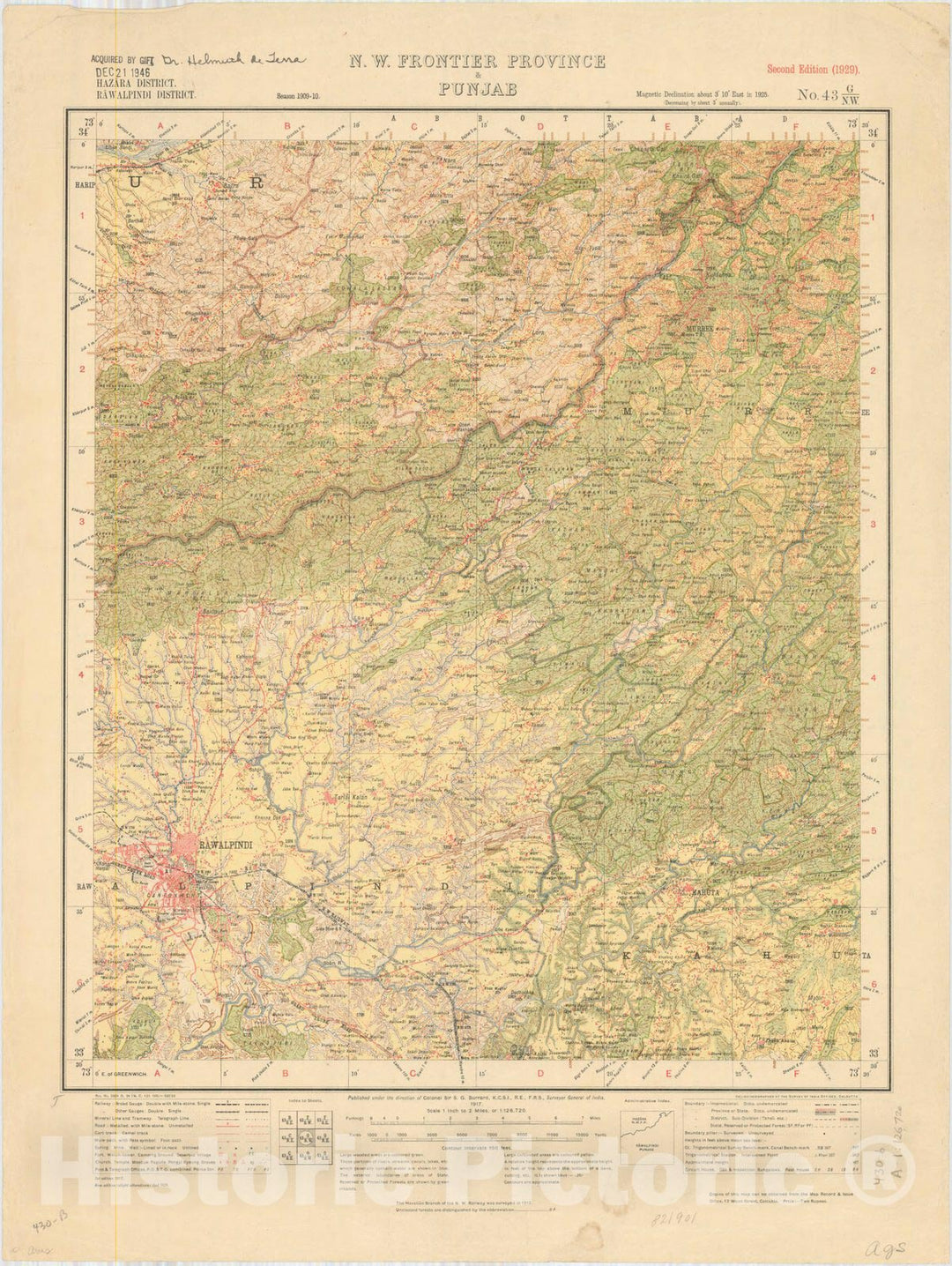 Map : Hazara District, Rawalpindi District, N.W. Frontier Province & Punjab, No. 43 G/N.W. 1929, India and adjacent countries, Antique Vintage Reproduction