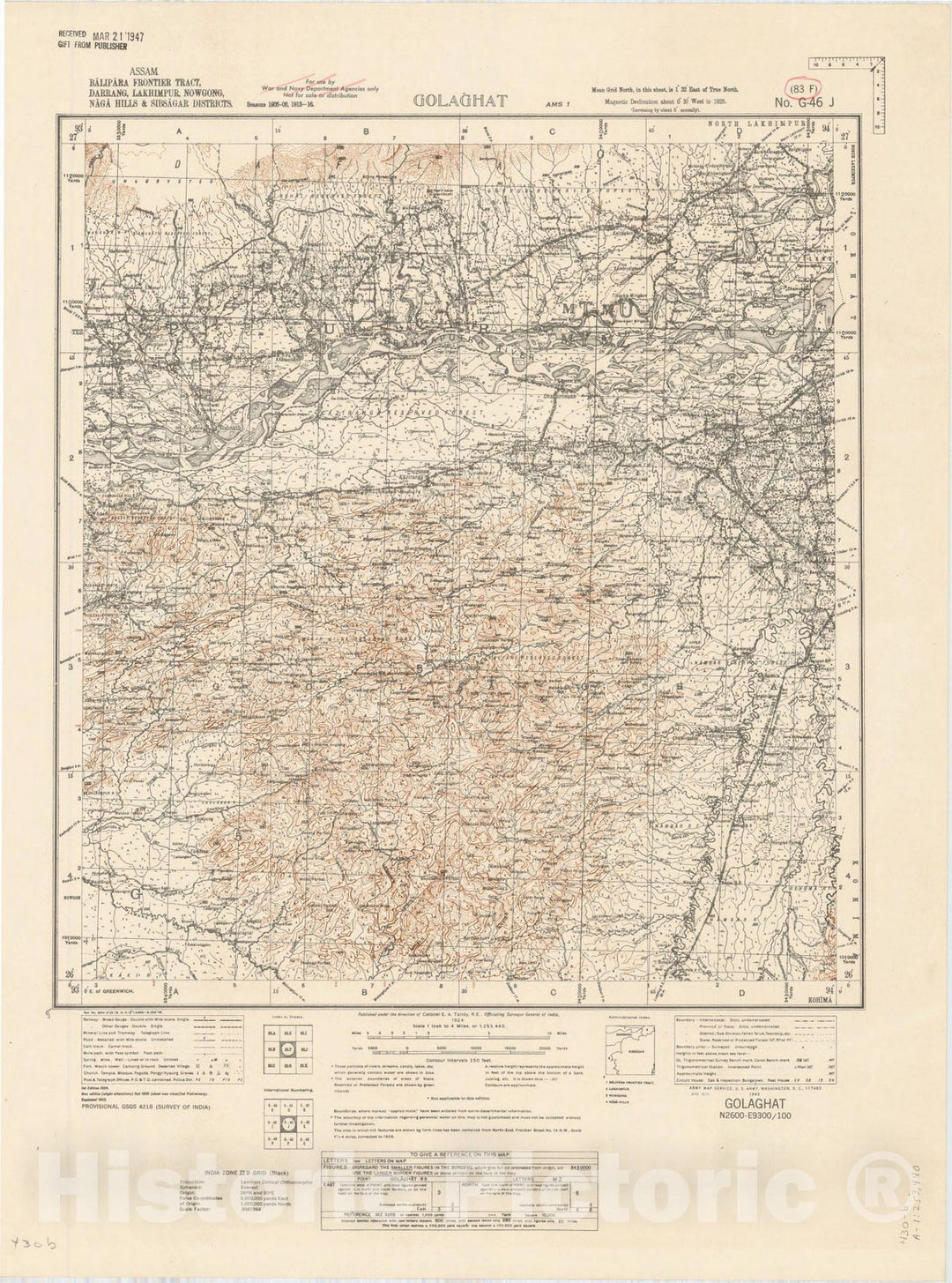 Map : Assam, Balipara Frontier Tract, Darrang, Lakhimpur, Nowgong, Naga Hills & Sibsagar Districts, Golaghat 83 F 1924, India 1:253,440, Antique Vintage Reproduction