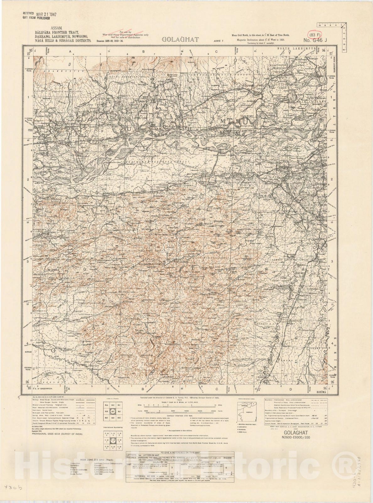 Map : Assam, Balipara Frontier Tract, Darrang, Lakhimpur, Nowgong, Naga Hills & Sibsagar Districts, Golaghat 83 F 1924, India 1:253,440, Antique Vintage Reproduction