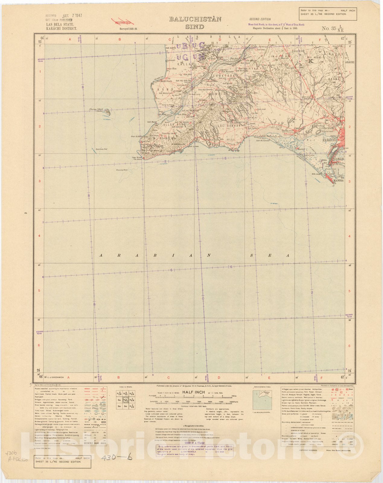 Map : Las Bela State, Karachi District, Baluchistan Sind, No. 35 L/N.E. 1945, India and adjacent countries, Antique Vintage Reproduction