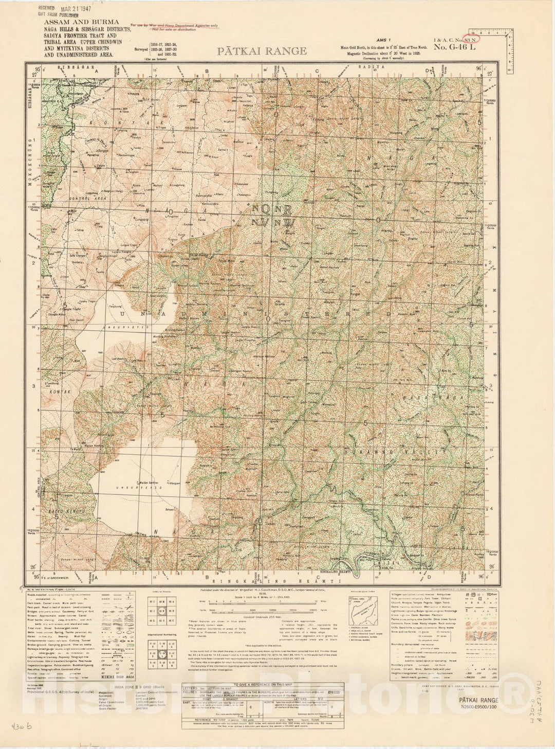 Map : Assam and Burma, Patkai Range, 83 N 1936, India 1:253,440, Antique Vintage Reproduction