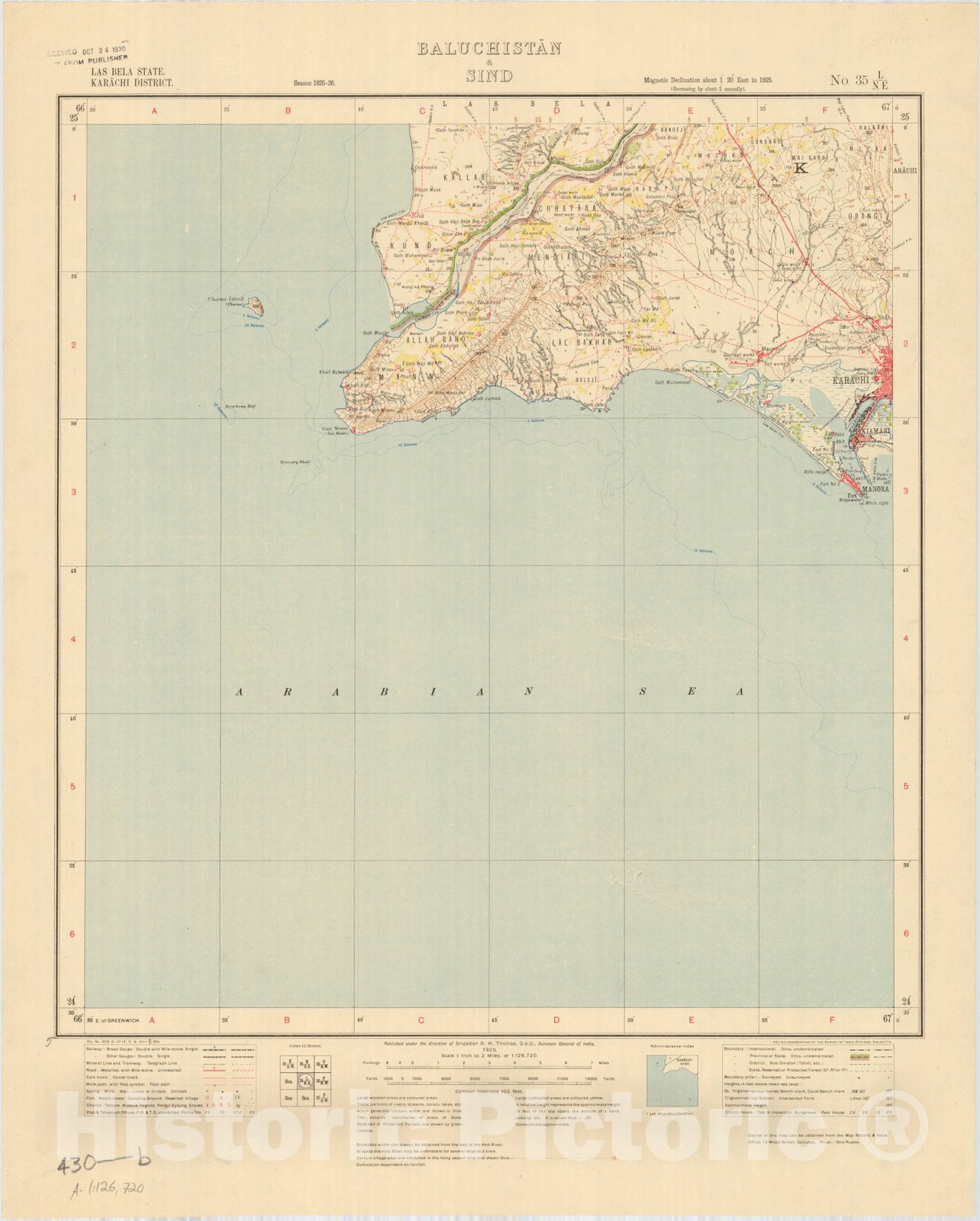 Map : Las Bela State, Karachi District, Baluchistan & Sind, No. 35 L/N.E. 1929, India and adjacent countries, Antique Vintage Reproduction