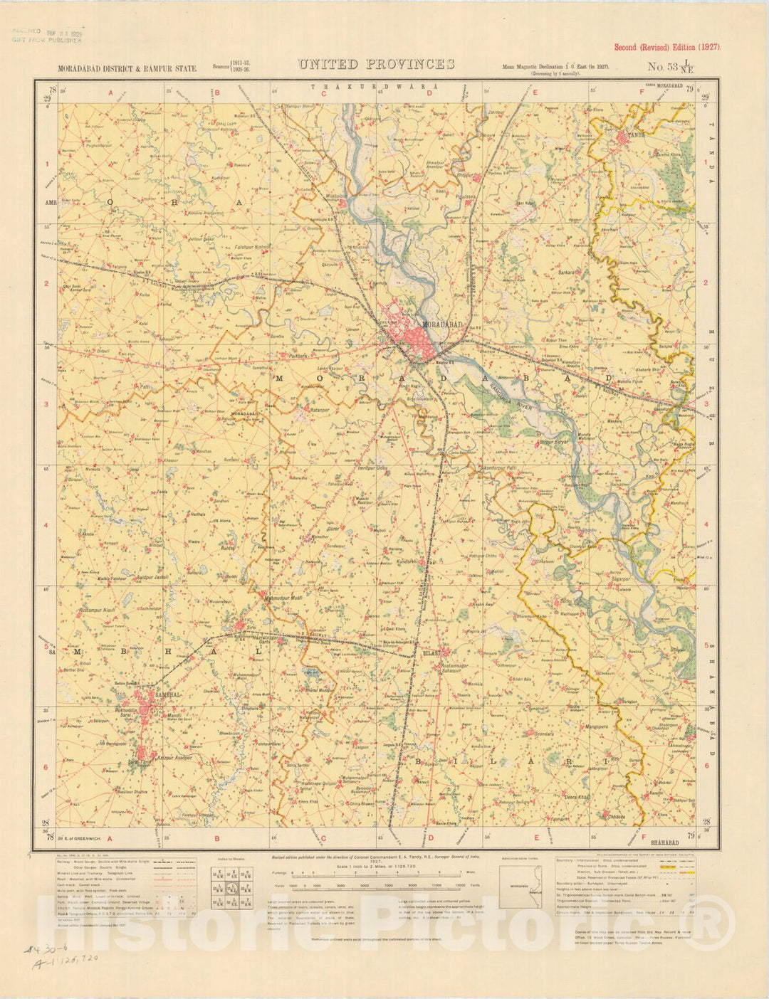 Map : Moradabad District & Rampur State, United Provinces, No. 53 L/N.E. 1927, India and adjacent countries, Antique Vintage Reproduction