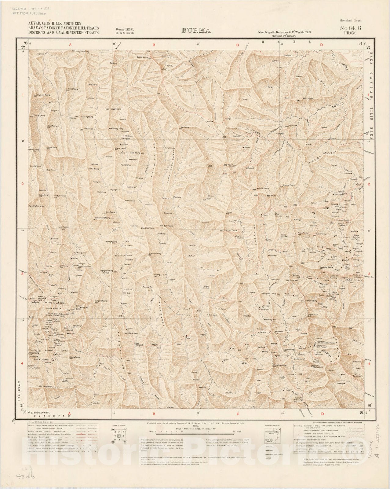 Map : Akyab, Chin Hills, Northern Arakan, Pakokku, Pakokku Hill Tracts Districts and Unadministered Tracts, Burma, No. 84 G Hilong 1920, India 1:253,440