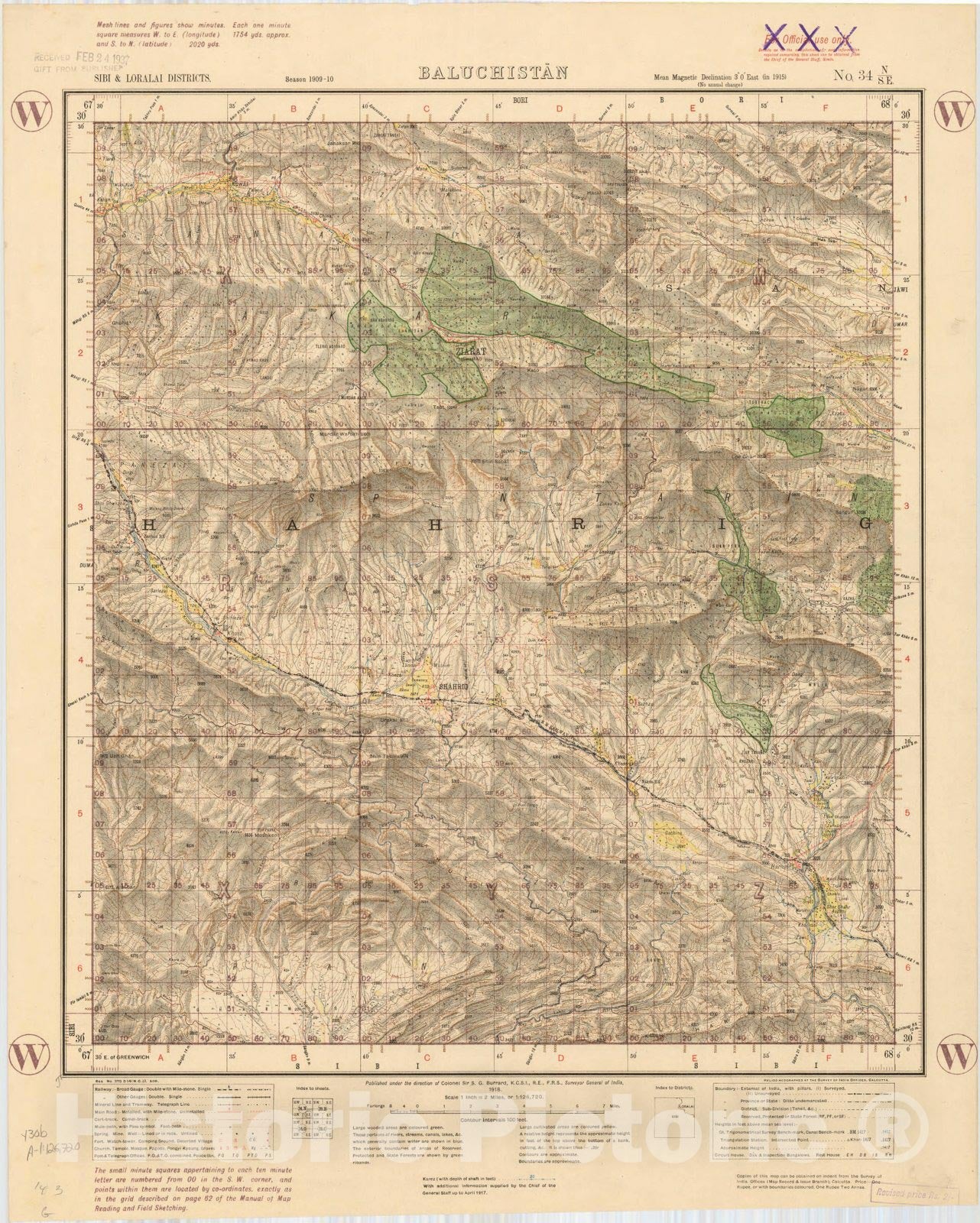 Map : Sibi & Loralai Districts, Baluchistan, No. 34 N/S.E. 1918, India and adjacent countries, Antique Vintage Reproduction