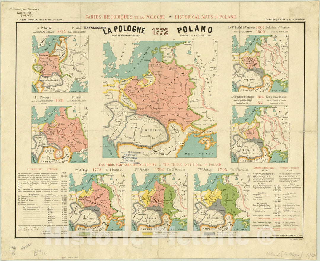 Map : Poland 1914, La question Polonnaise cartes historiques de la Pologne, The Polish question historical maps of Poland , Antique Vintage Reproduction