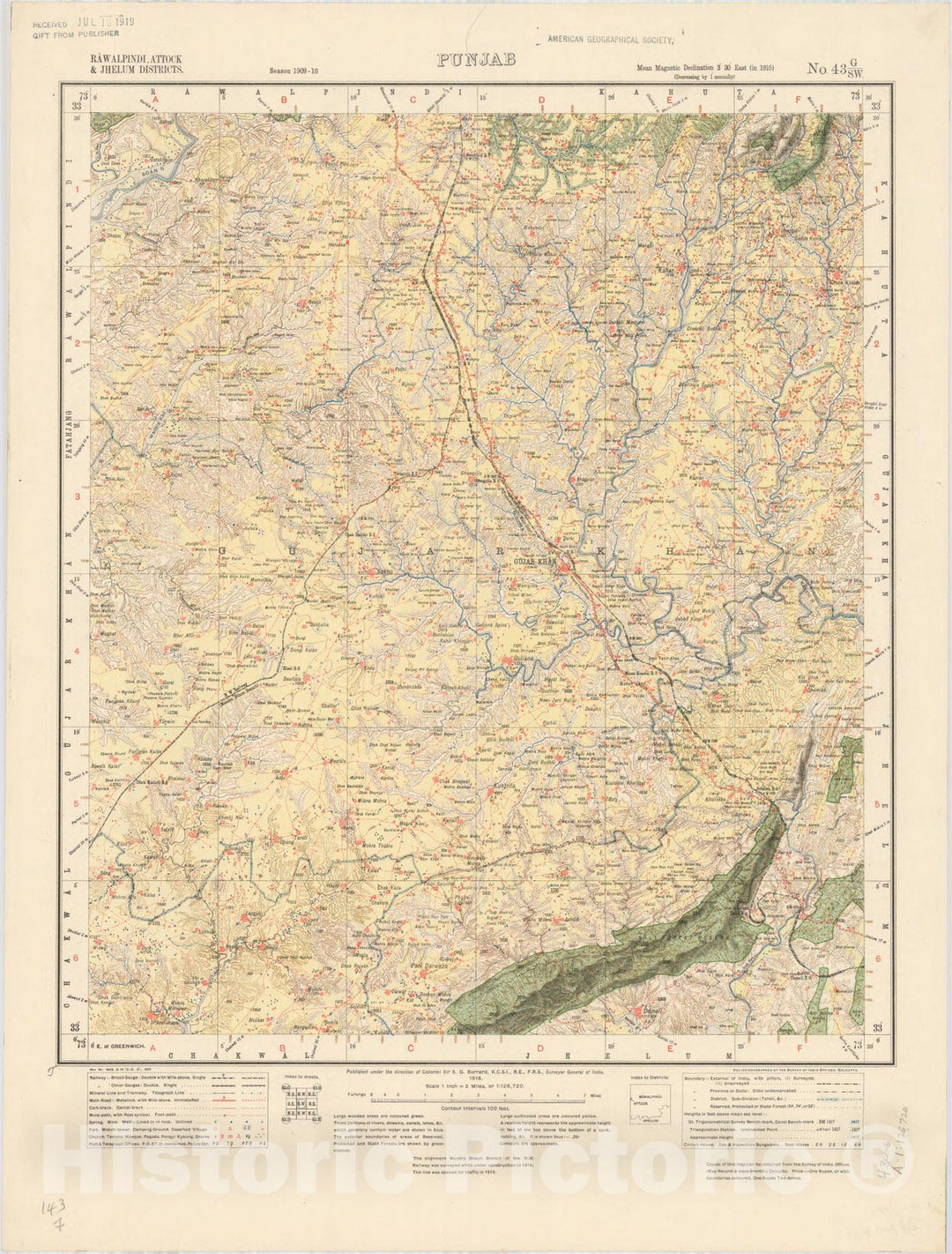 Map : Rawalpindi, Attock & Jhelum District, Punjab, No. 43 G/S.W. 1916, India and adjacent countries, Antique Vintage Reproduction