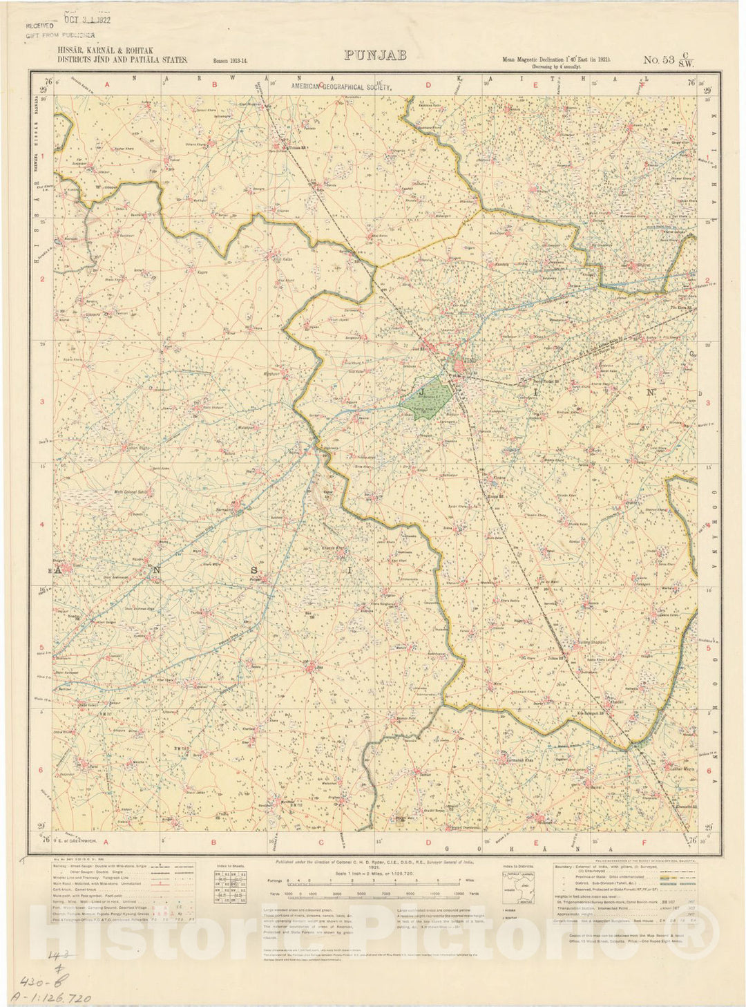 Map : Hissar, Karnal & Rohtak Districts, Jind and Patiala States, Punjab, No. 53 C/S.W. 1921, India and adjacent countries, Antique Vintage Reproduction