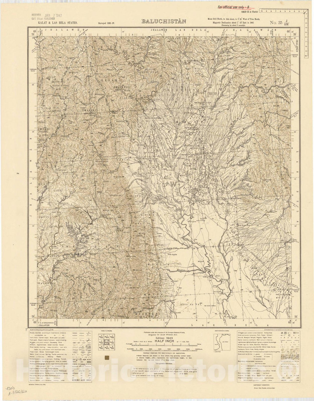 Map : Kalat & Las Bela States, Baluchistan, No. 35 J/S.W. 1944, India and adjacent countries, Antique Vintage Reproduction