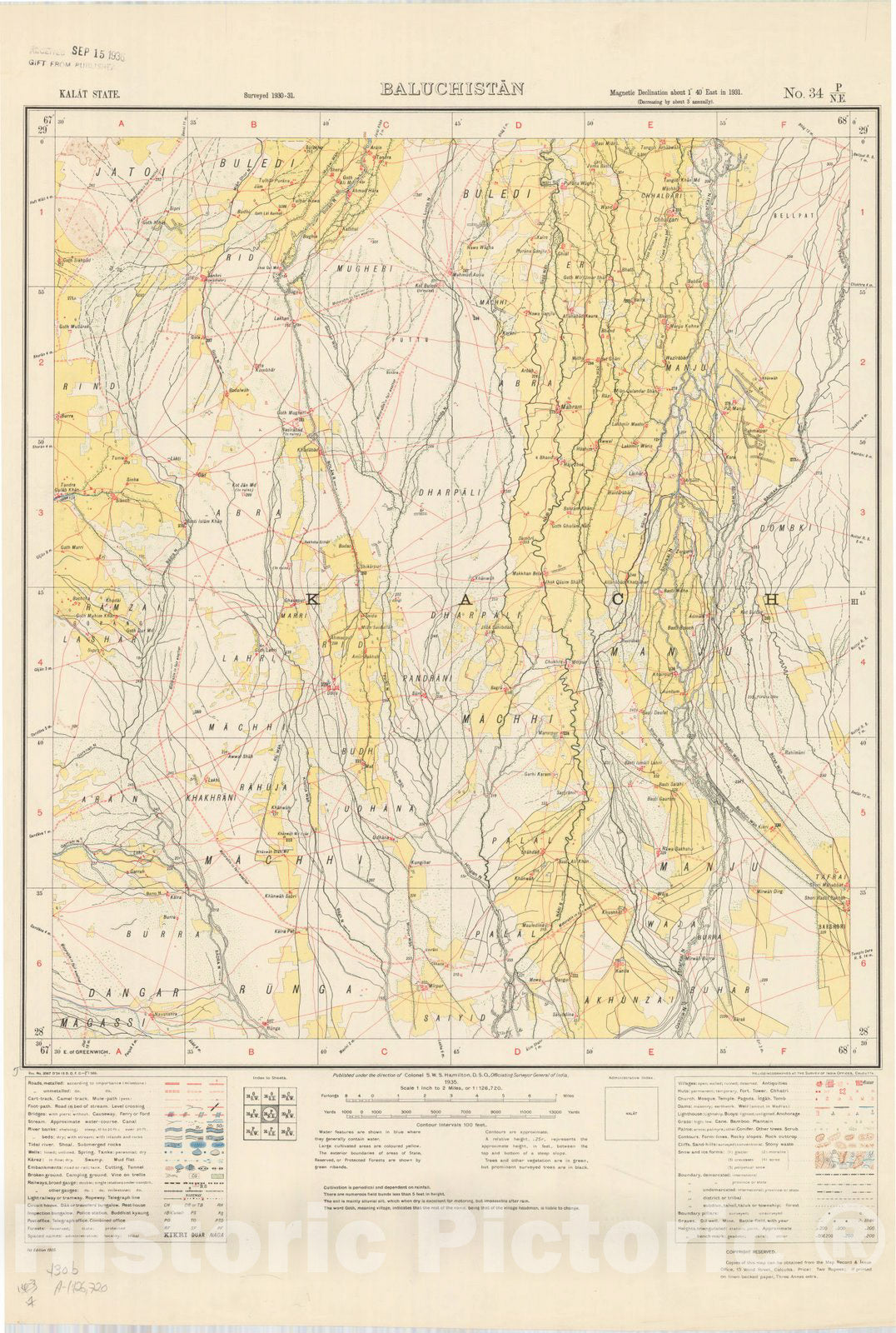 Map : Kalat State, Baluchistan, No. 34 P/N.E. 1935, India and adjacent countries, Antique Vintage Reproduction