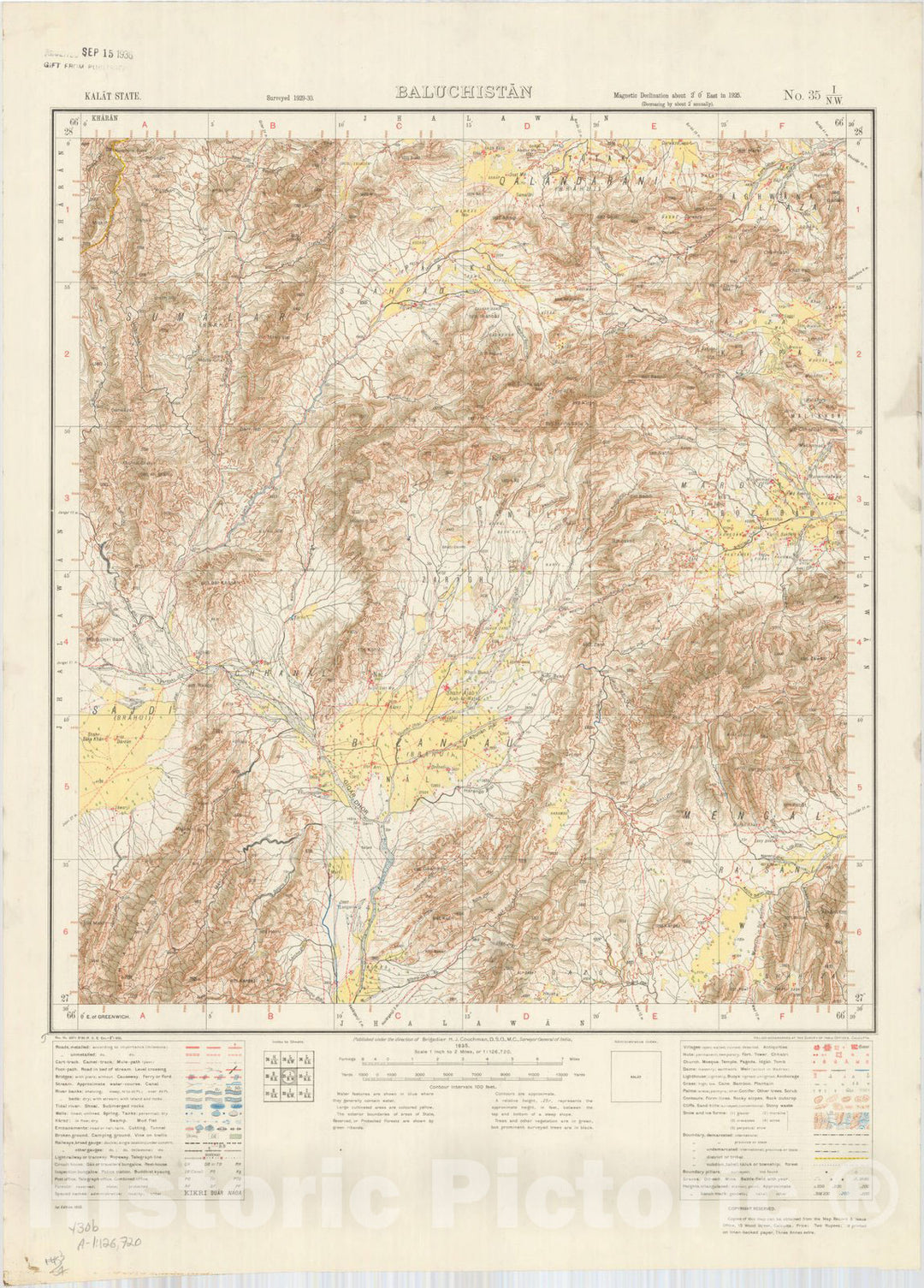 Map : Kalat State, Baluchistan, No. 35 I/N.W. 1935, India and adjacent countries, Antique Vintage Reproduction