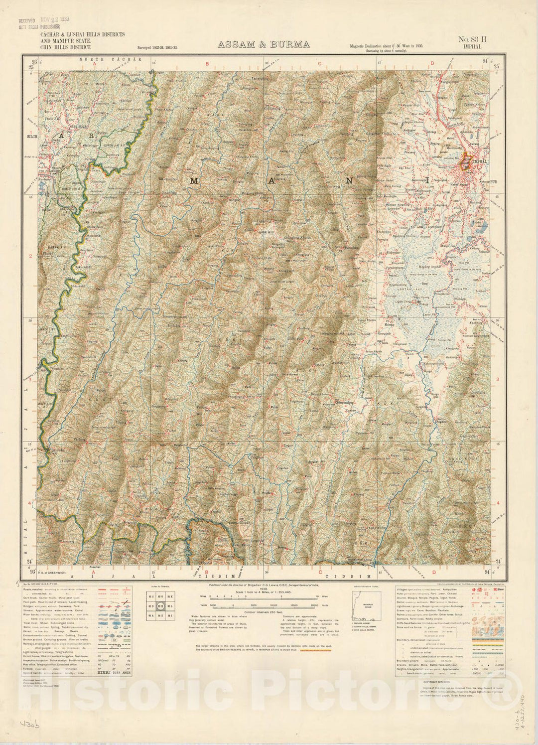 Map : Cachar & Lushai Hills Districts and Manipur State, Chin Hills District, Assam & Burma, No. 83 H Imphal 1938, India 1:253,440, Antique Vintage Reproduction