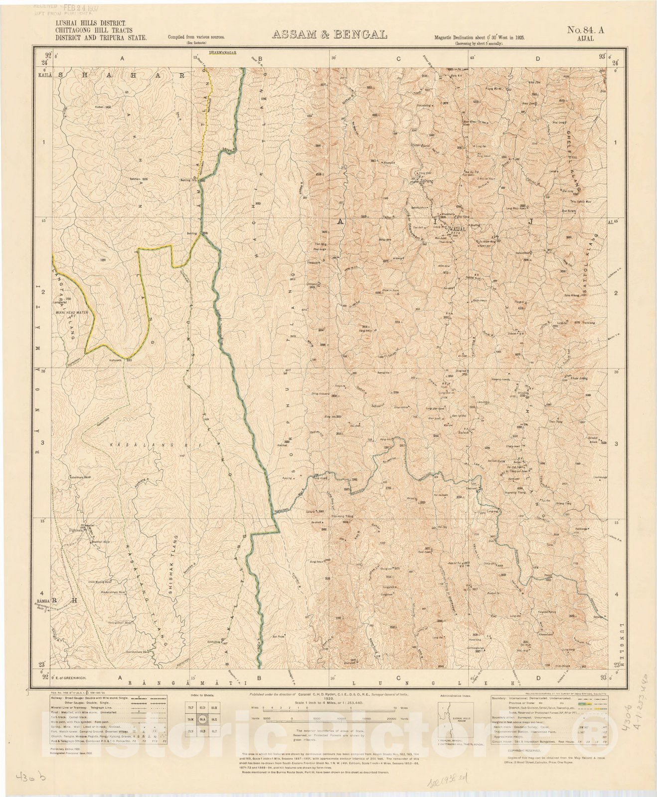 Map : Lushai Hills District, Chittagong Hill Tracts, District and Tripura State, Assam & Bengal, No. 84 A Aijal 1933, India 1:253,440, Antique Vintage Reproduction