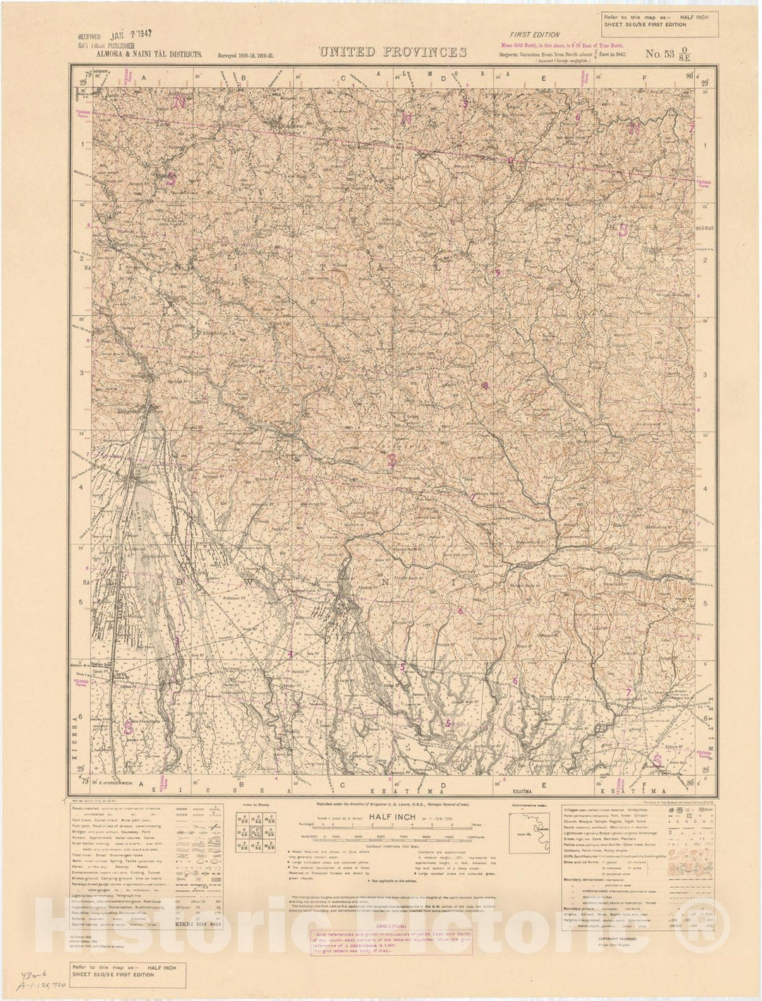 Map : Almora & Naini Tal Districts, United Provinces, No. 53 O/S.E. 1945, India and adjacent countries, Antique Vintage Reproduction