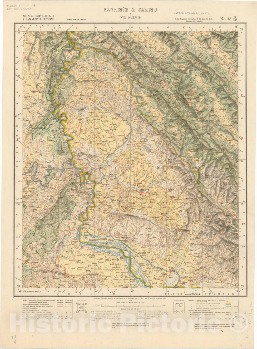 Map : Mirpur, Gujrat, Jhelum & Rawalpindi Districts, Kashmire & Jammu & Punjab, No. 43 G/S.E. 1917, India and adjacent countries, Antique Vintage Reproduction