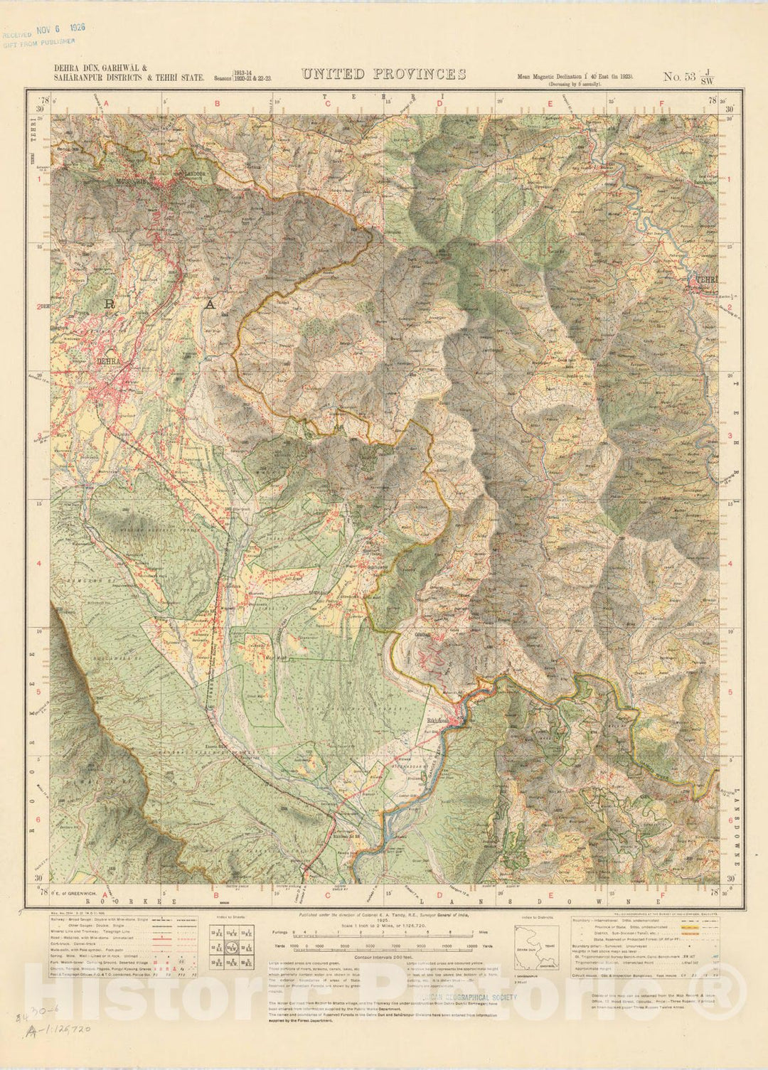 Map : Dehra Dun, Garhwal & Saharanpur Districts & Tehri State, United Provinces, No. 53 J/S.W. 1925, India and adjacent countries, Antique Vintage Reproduction