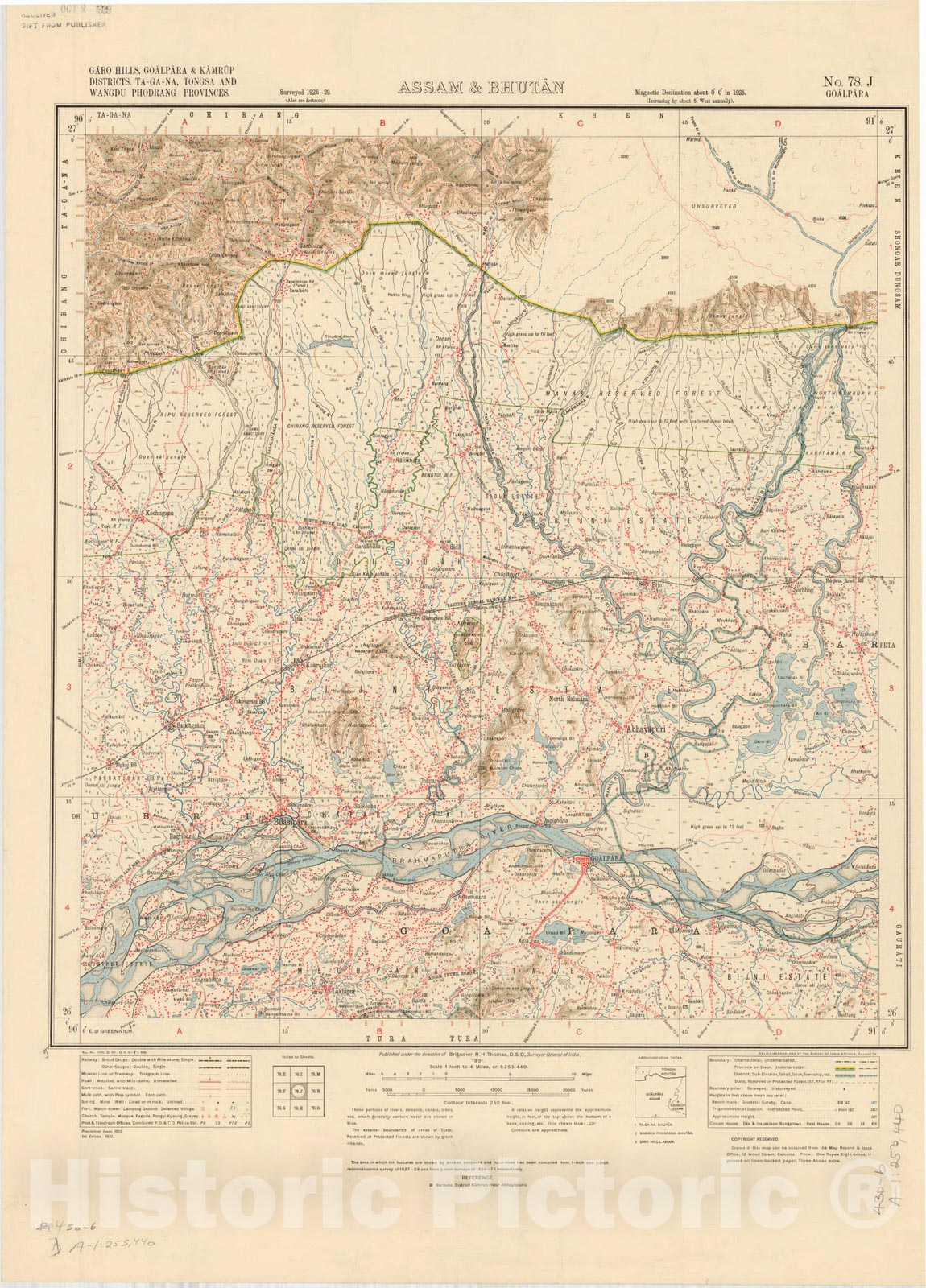 Historic Map : Garo Hills, Goalpara & Kamrup Districts, Ta-Ga-Na, Tongsa and Wangdu Phodrang Provinces, Assam & Bhutan, No. 78 J 1931, India 1:253,440, Antique Vintage Reproduction