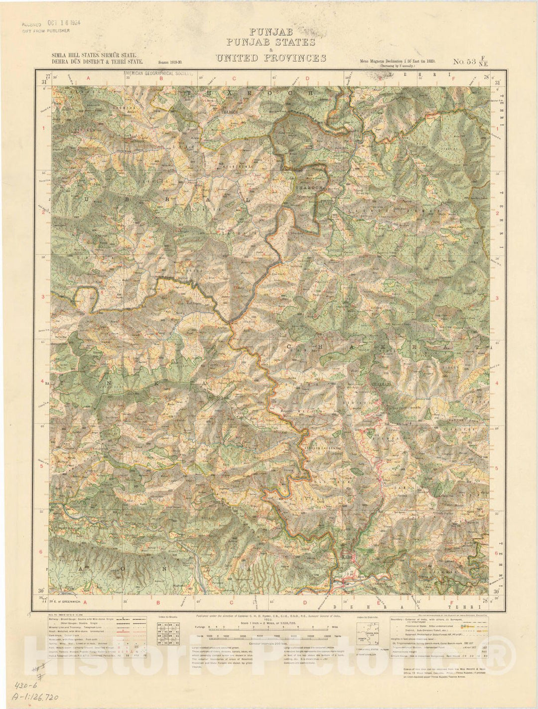 Map : Simla Hill States, Sirmur State, Dehra Dun District & Tehri State, Punjab, Punjab States & United Provinces, No. 53 F/N.E. 1923, India and adjacent countries