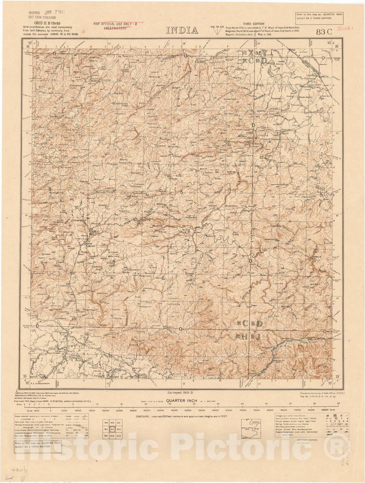 Map : Jowai, India 83 C 1942, India 1:253,440, Antique Vintage Reproduction