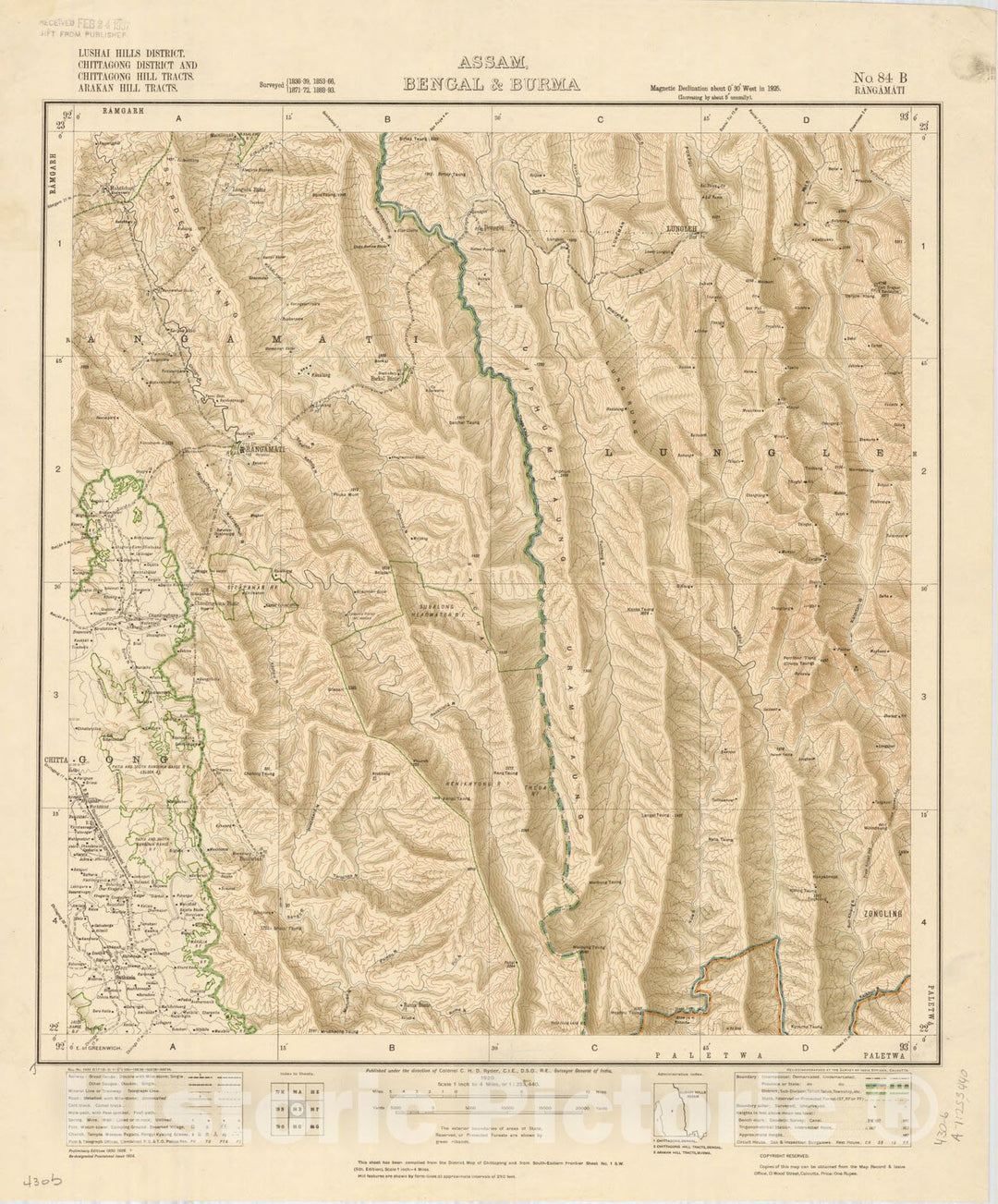 Map : Lushai Hills District, Chittagong District and Chittagong Hill Tracts, Arakan Hill Tracts, Assam, Bengal & Burma No. 84 B Rangamati 1934, India 1:253,440