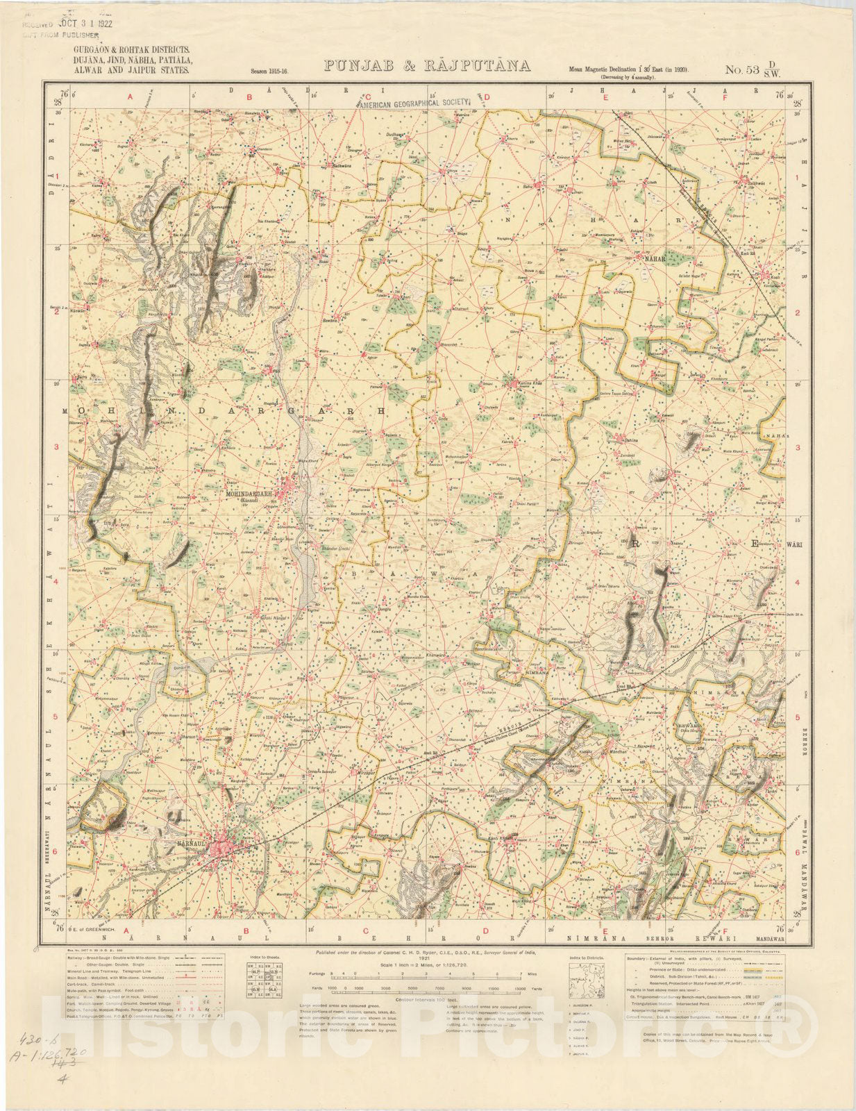 Map : Gurgaon & Rohtak Districts, Dujana, Jind, Nabha, Patiala, Alwar and Jaipur States, Punjab & Rajputana No. 53 D/S.W. 1921, India and adjacent countries