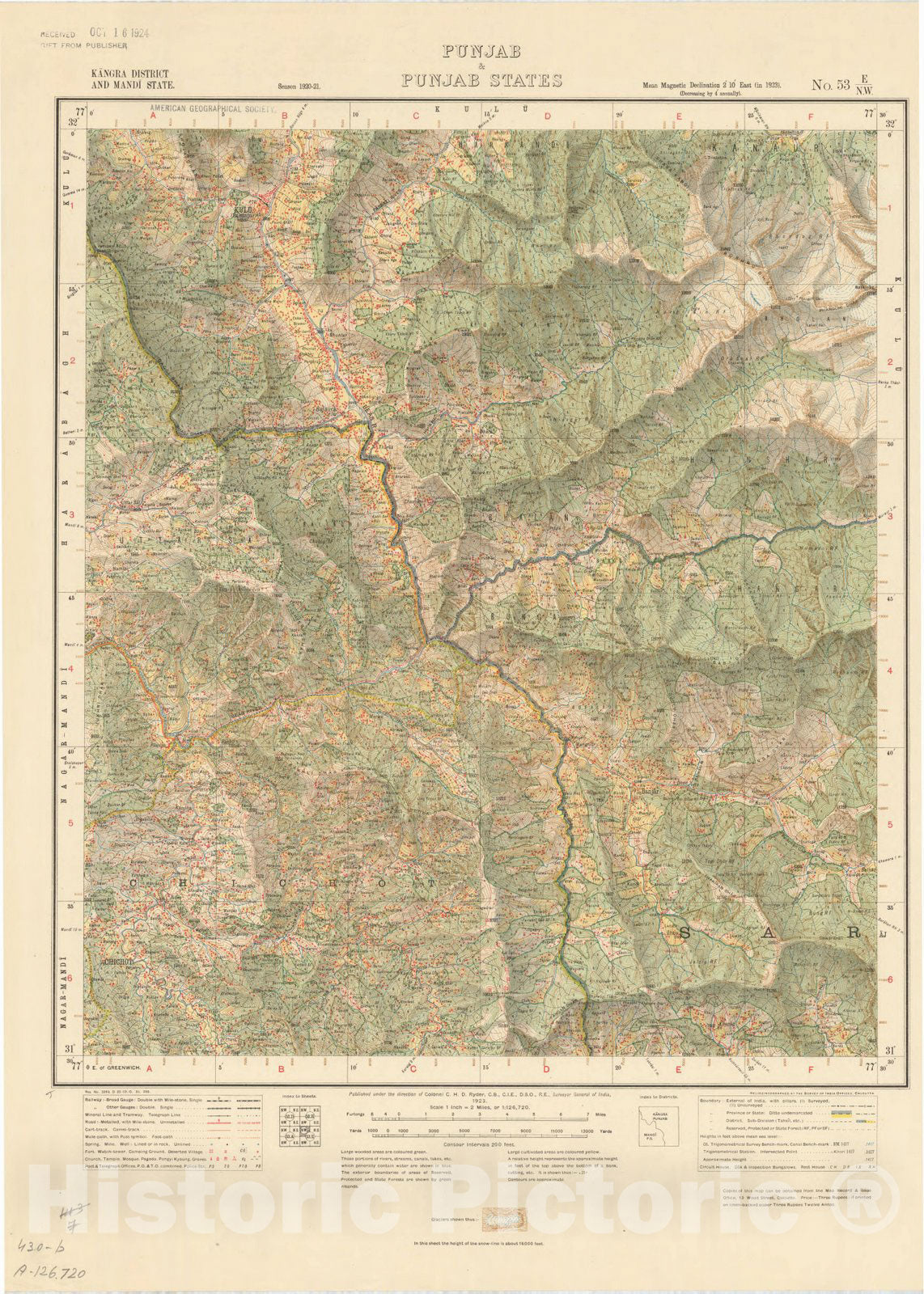 Map : Kangra District and Mandi State, PUnjab & Punjab States, No. 53 E/N.W. 1923, India and adjacent countries, Antique Vintage Reproduction