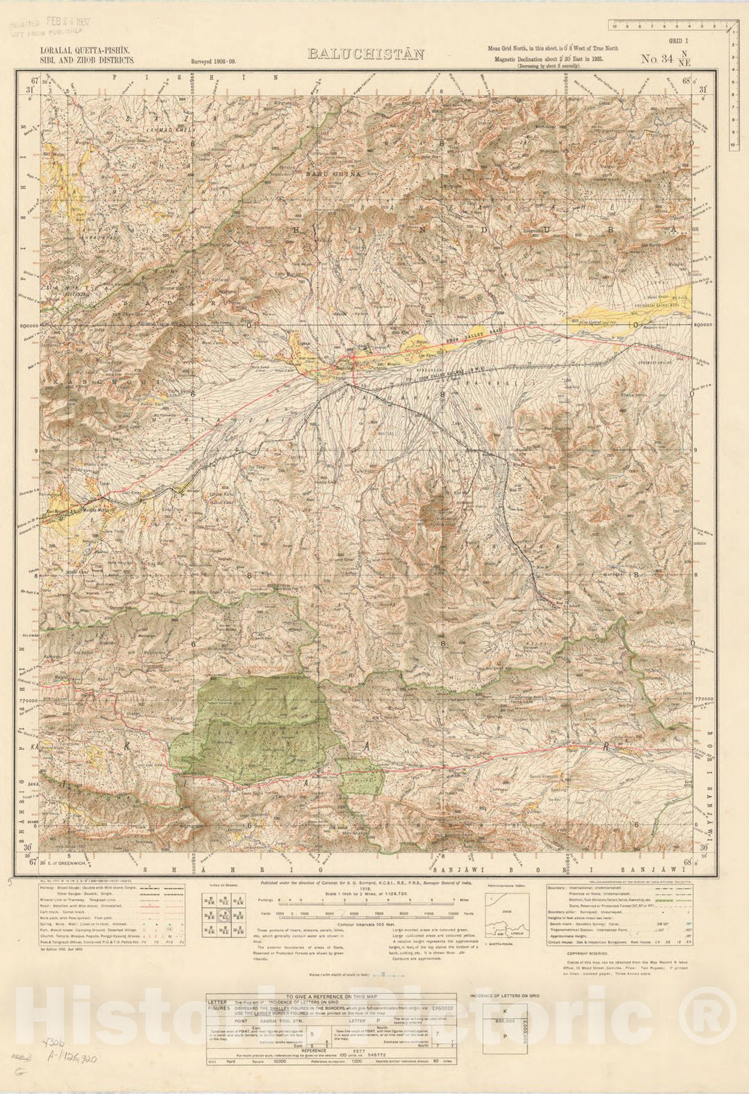 Map : Loralai, Quetta-Pishin, Sibi, and Zhob Districts, Baluchistan, No. 34 N/N.E. 1932, India and adjacent countries, Antique Vintage Reproduction