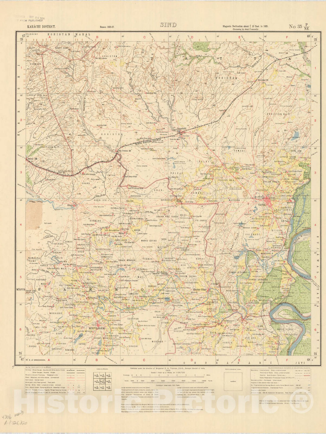 Map : Karachi District, Sind, No. 35 P/N.E. 1929, India and adjacent countries, Antique Vintage Reproduction