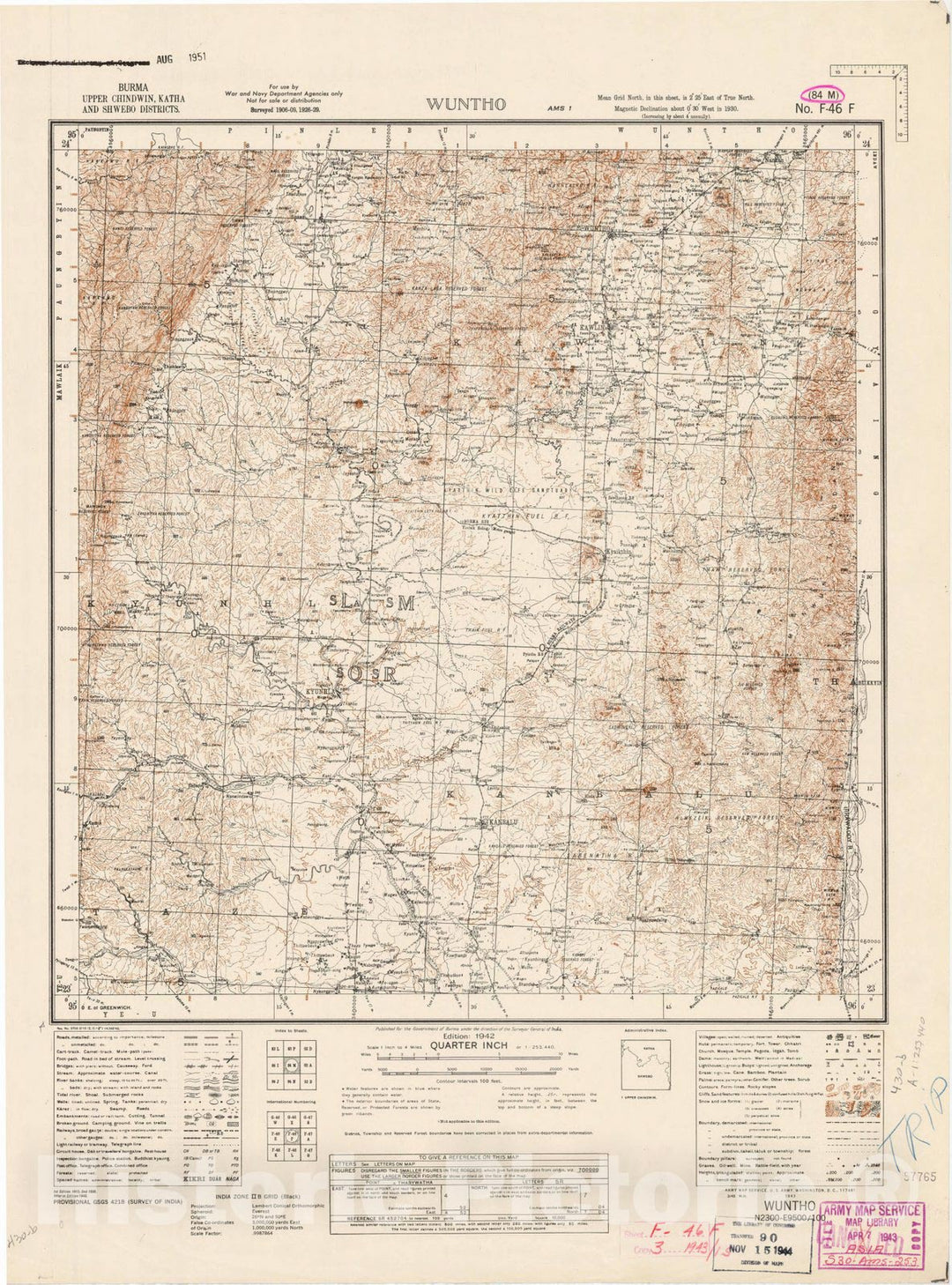 Map : Burma, Upper Chindwin, Katha and Shwebo Districts, Wuntho, 84 M 1942, India 1:253,440, Antique Vintage Reproduction