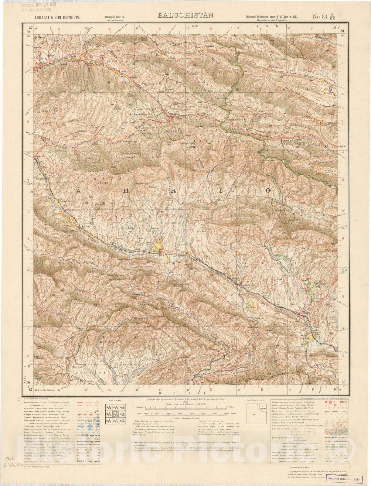 Map : Loralai & Sibi Districts, Baluchistan, No. 34 N.S.E. 1938, India and adjacent countries, Antique Vintage Reproduction