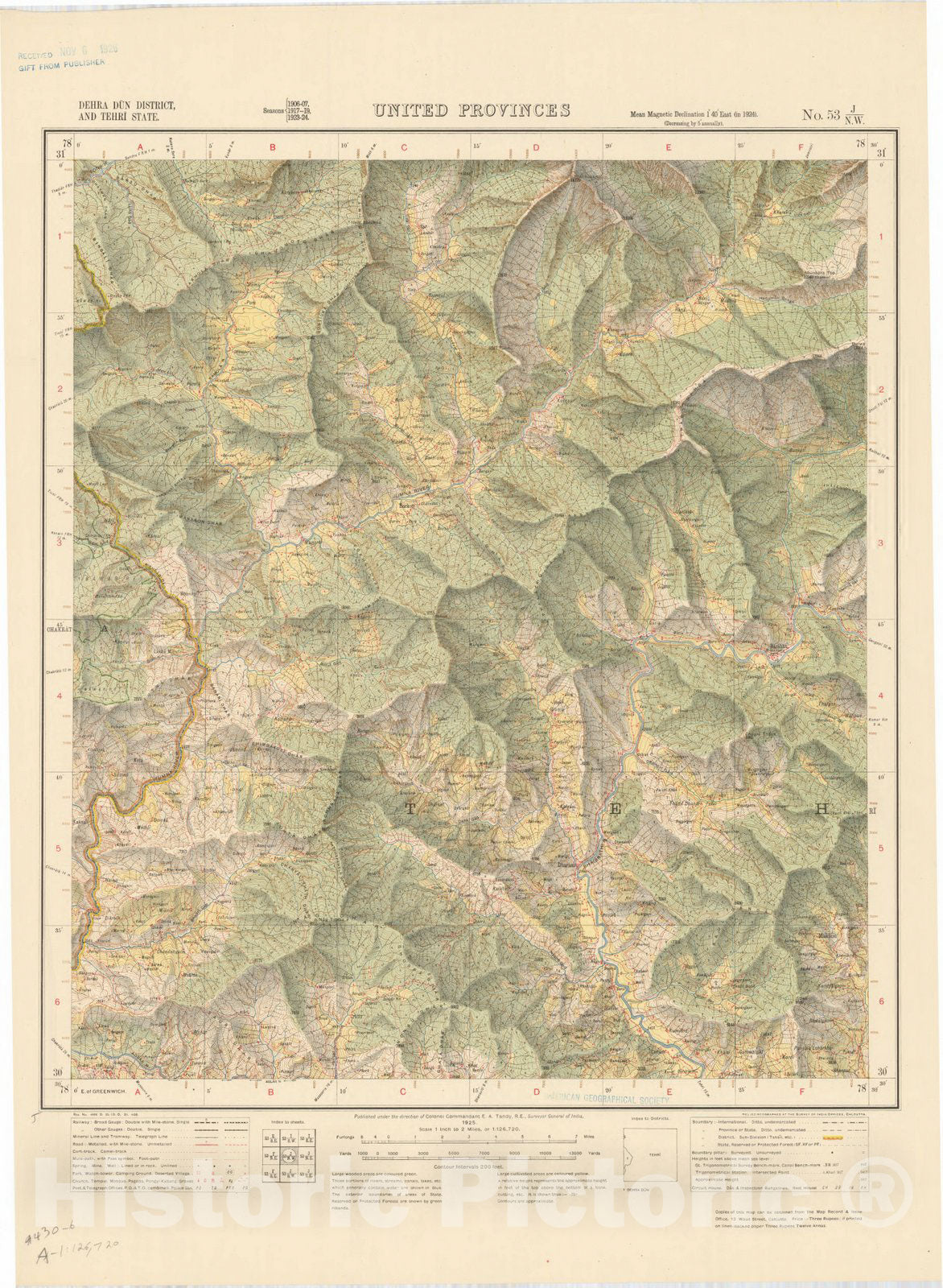 Map : Dehra Dun District, and Tehri State, United Provinces, No. 53 J/N.W. 1925, India and adjacent countries, Antique Vintage Reproduction