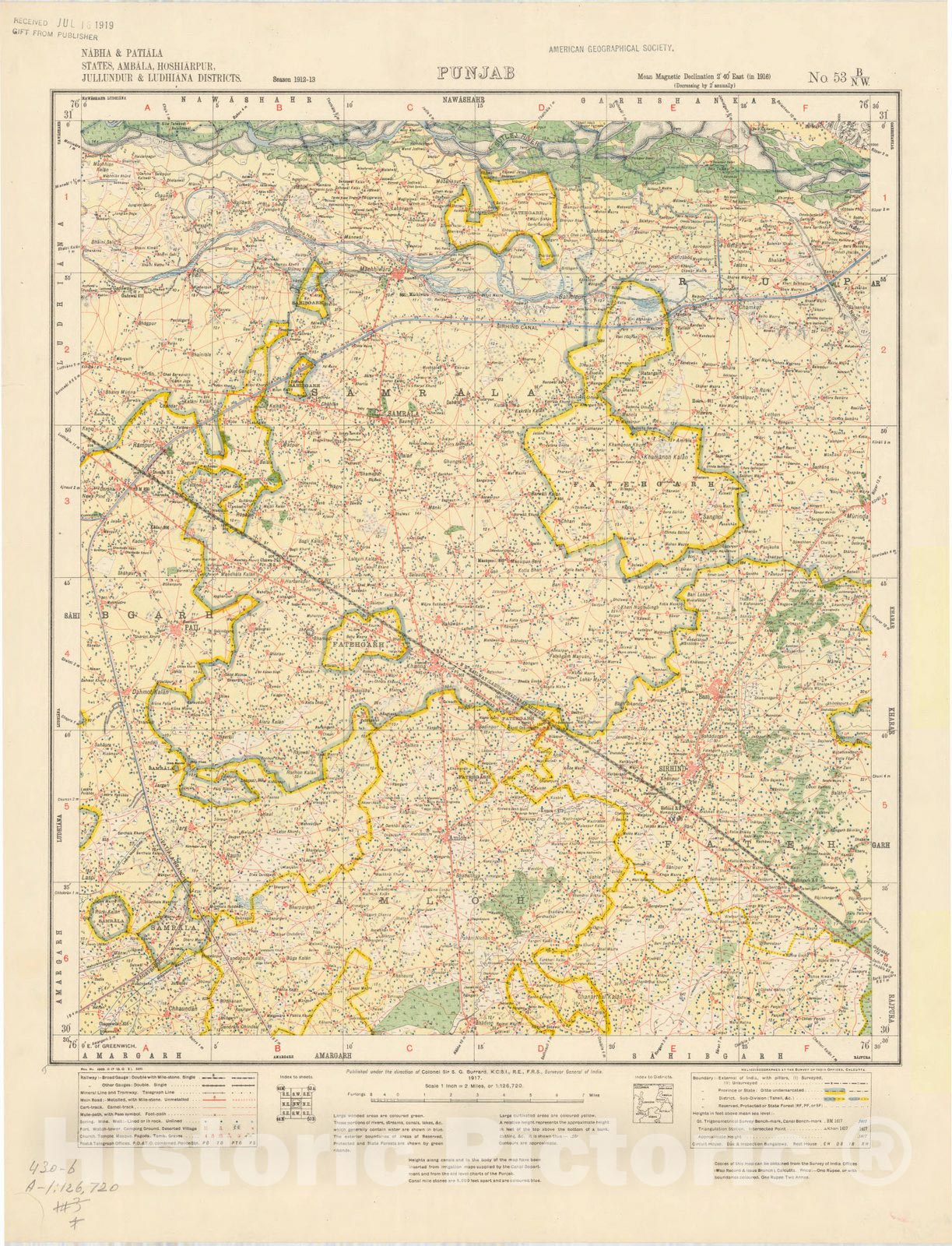 Historic Map : Nabha & Patiala States, Ambala, Hoshiarpur, Jullundur & Ludhiana Districts, Punjab, No. 53 B/N.W. 1917, India and adjacent countries, Antique Vintage Reproduction