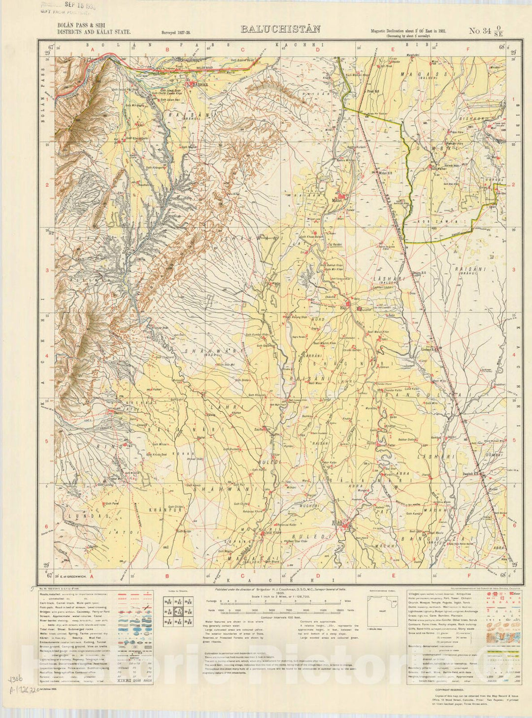 Map : Bolan Pass & Sibi Districts and Kalat State, Baluchistan No. 34 O/S.E. 1935, India and adjacent countries, Antique Vintage Reproduction