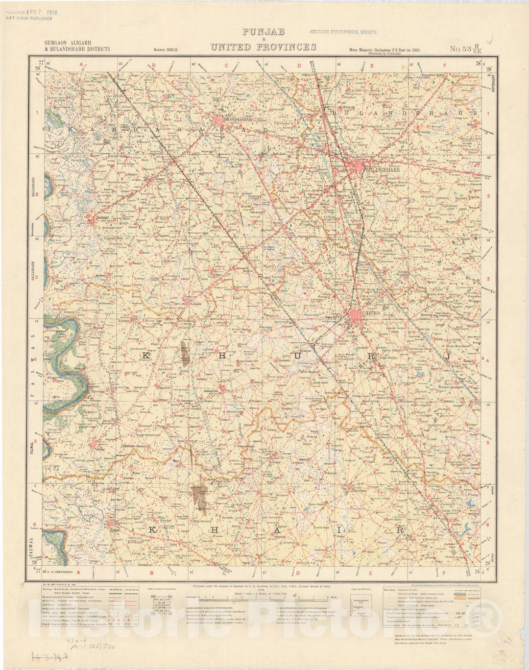 Map : Gurgaon, Aligarh & Bulandshahr Districts, Punjab & United Provinces, No. 53 H/S.E. 1916, India and adjacent countries, Antique Vintage Reproduction