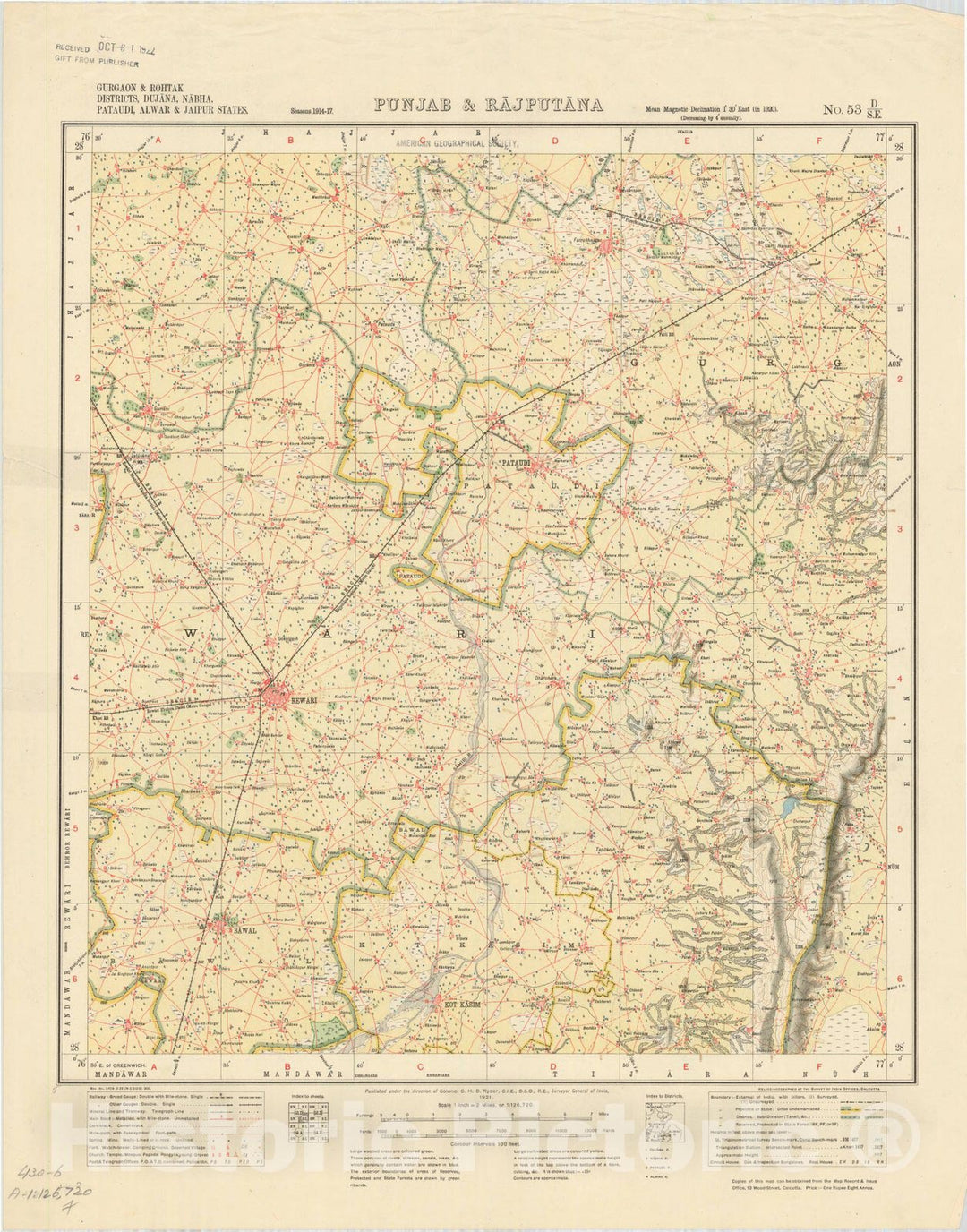 Map : Gurgaon & Rohtak Districts, Dujana, Nabha, Pataudi, Alwayr & Jaipur States, Punjab & Rajputana No. 53 D/S.E. 1921, India and adjacent countries