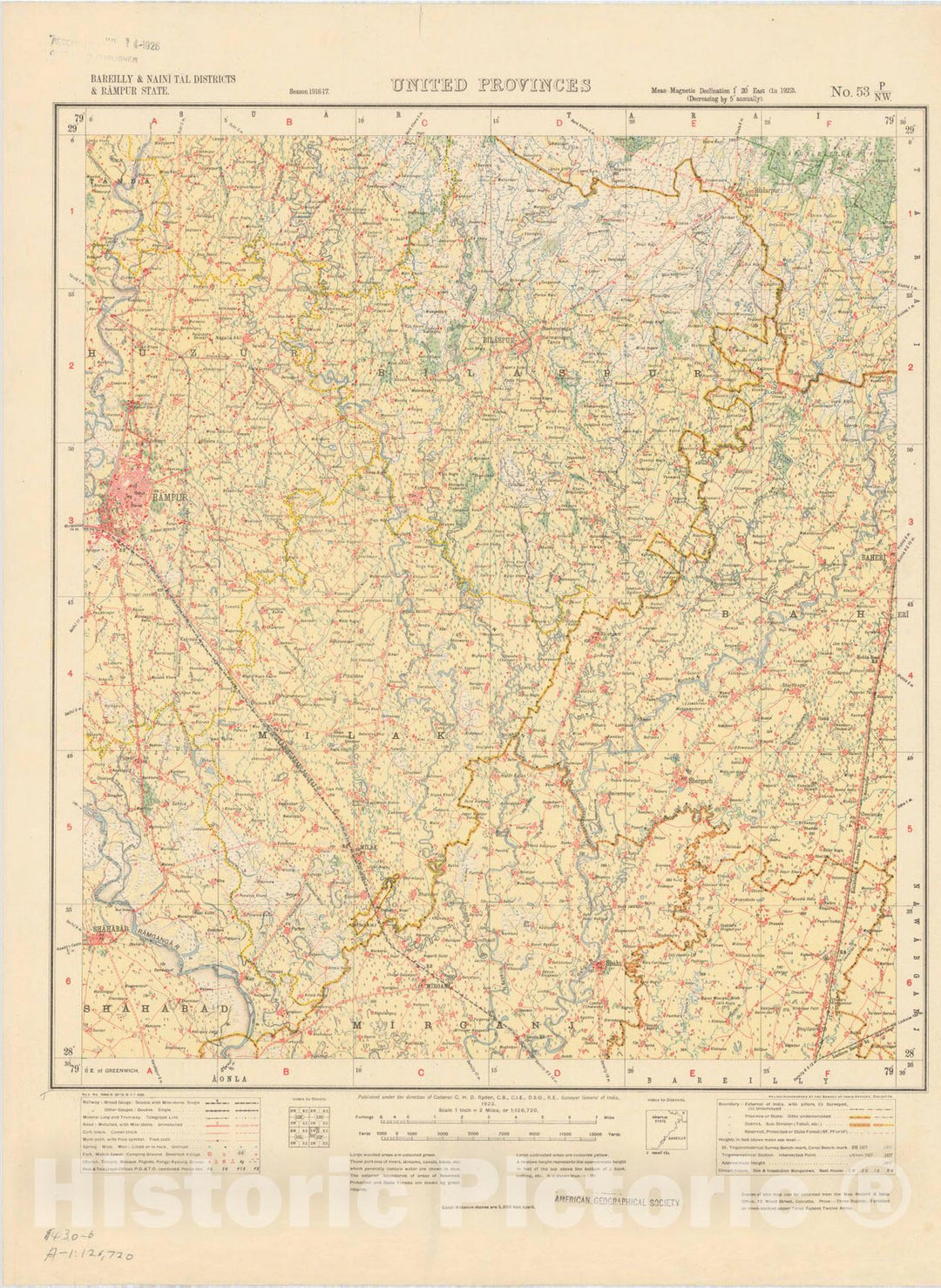 Map : Bareilly & Naini Talk Districts & Rampur State, United Provinces, No. 53 P/N.W. 1923, India and adjacent countries, Antique Vintage Reproduction