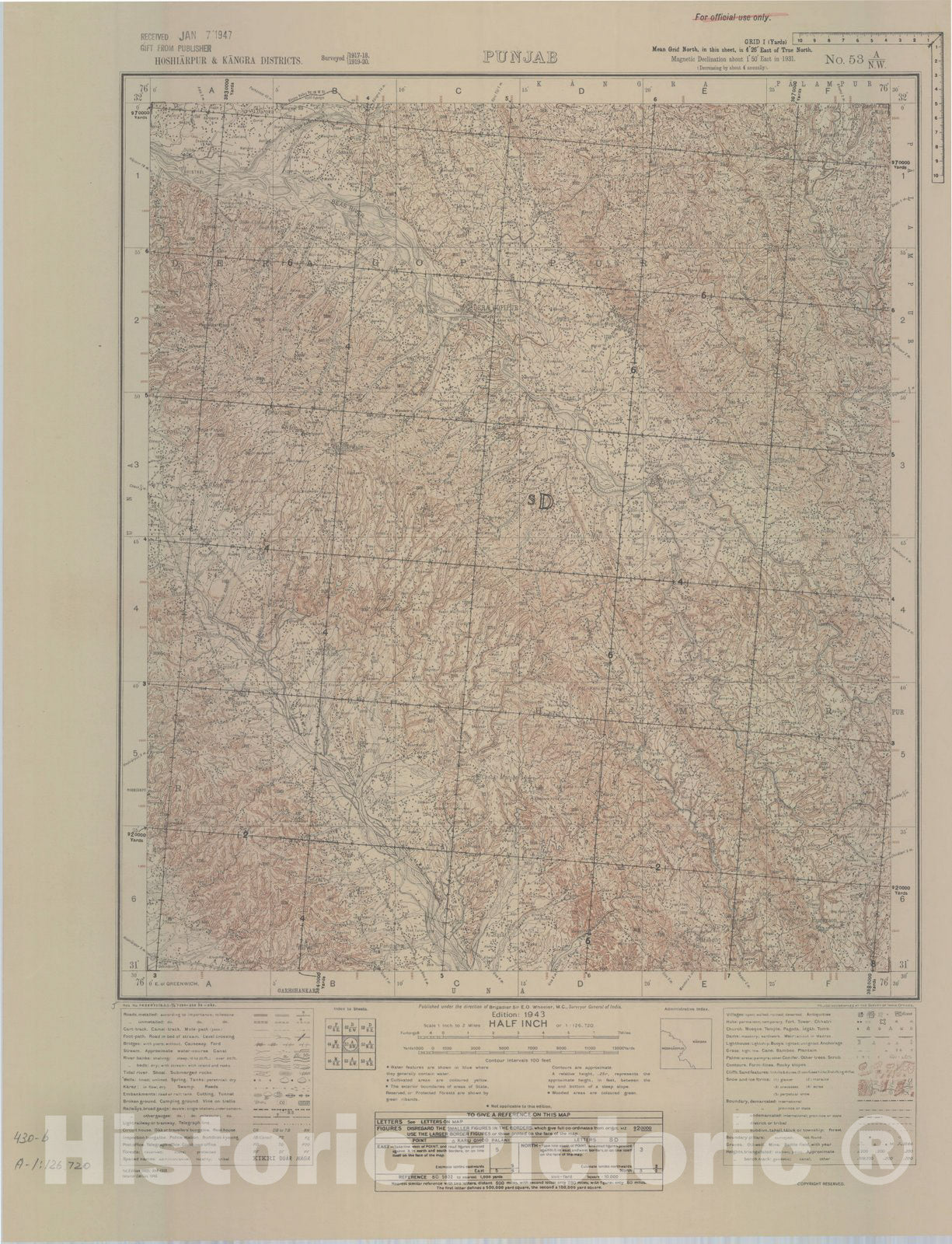 Map : Hoshiarpur & Kangra Districts, Punjab, No. 53 A/N.W. 1943, India and adjacent countries, Antique Vintage Reproduction