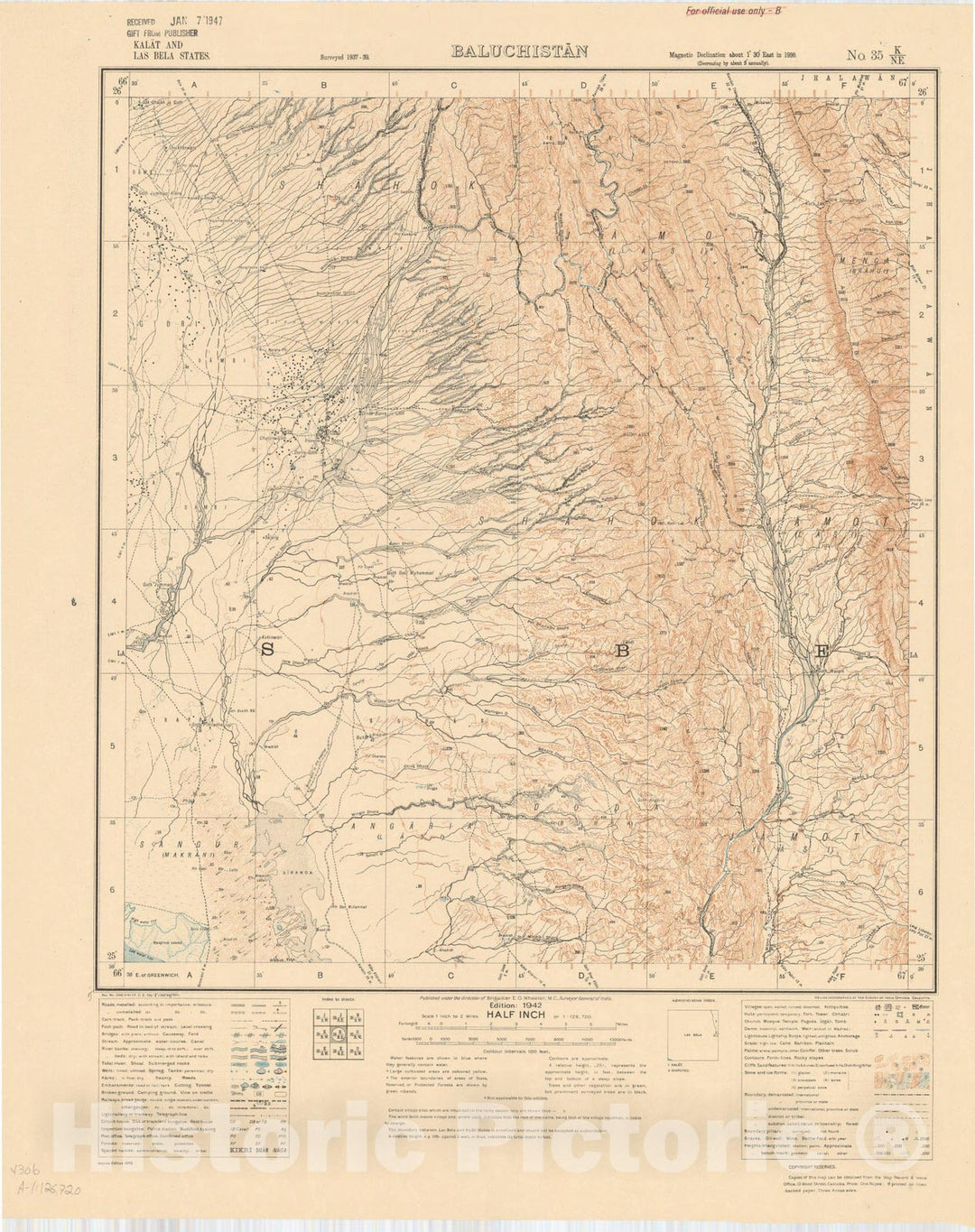 Map : Kalat and Las Bela States, Baluchistan, No. 35 K/N.E. 1942, India and adjacent countries, Antique Vintage Reproduction