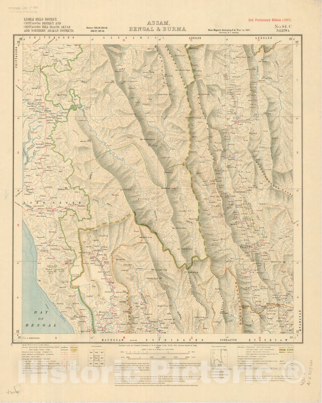 Historic Map : Lushai Hills, Chittagong, Akyab and Northern Arakan, Assam, Bengal & Burma, No. 84 C Paletwa 1927, India 1:253,440, Antique Vintage Reproduction