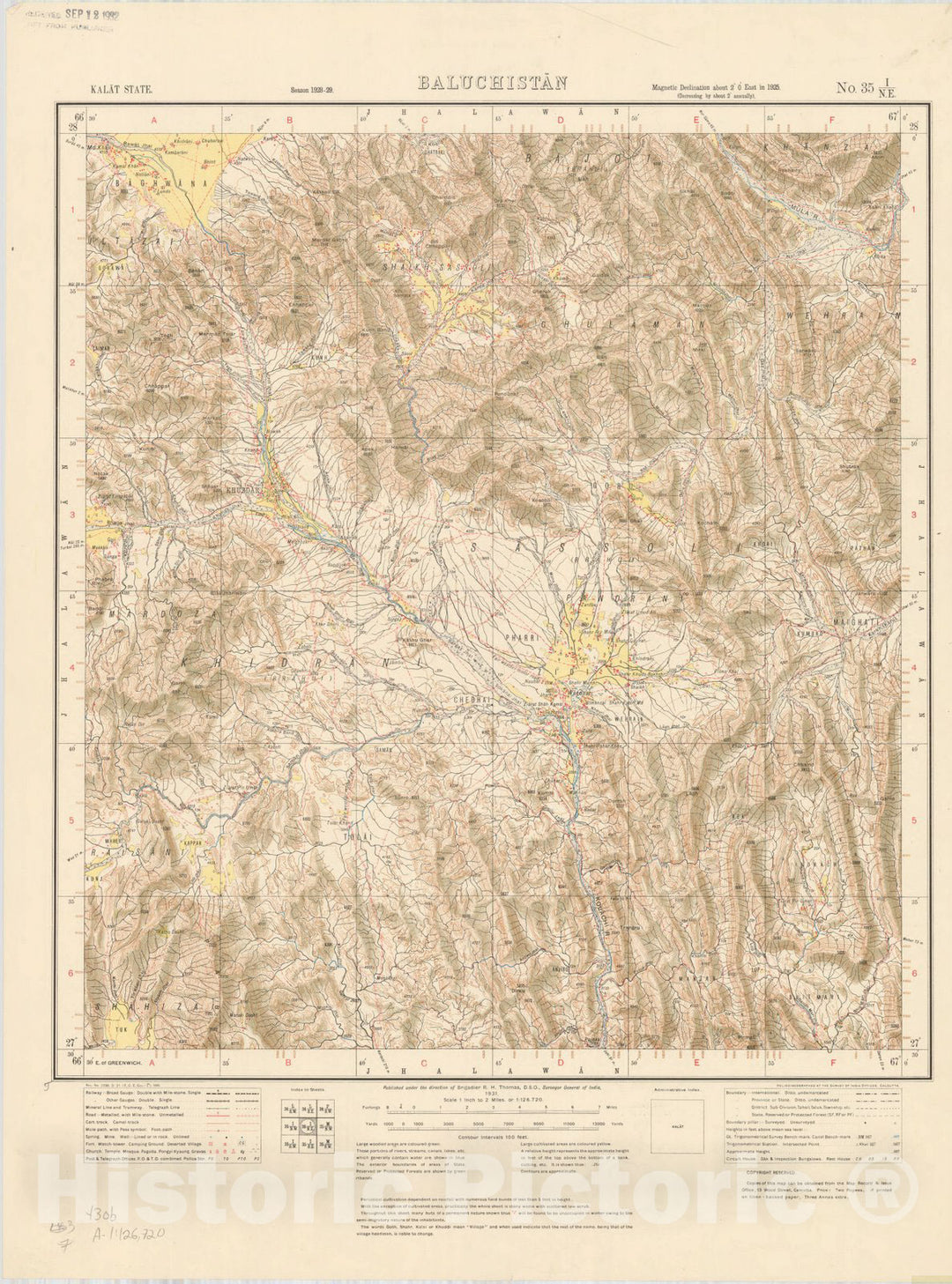 Map : Kalat State, Baluchistan, No. 35 I/N.E. 1931, India and adjacent countries, Antique Vintage Reproduction