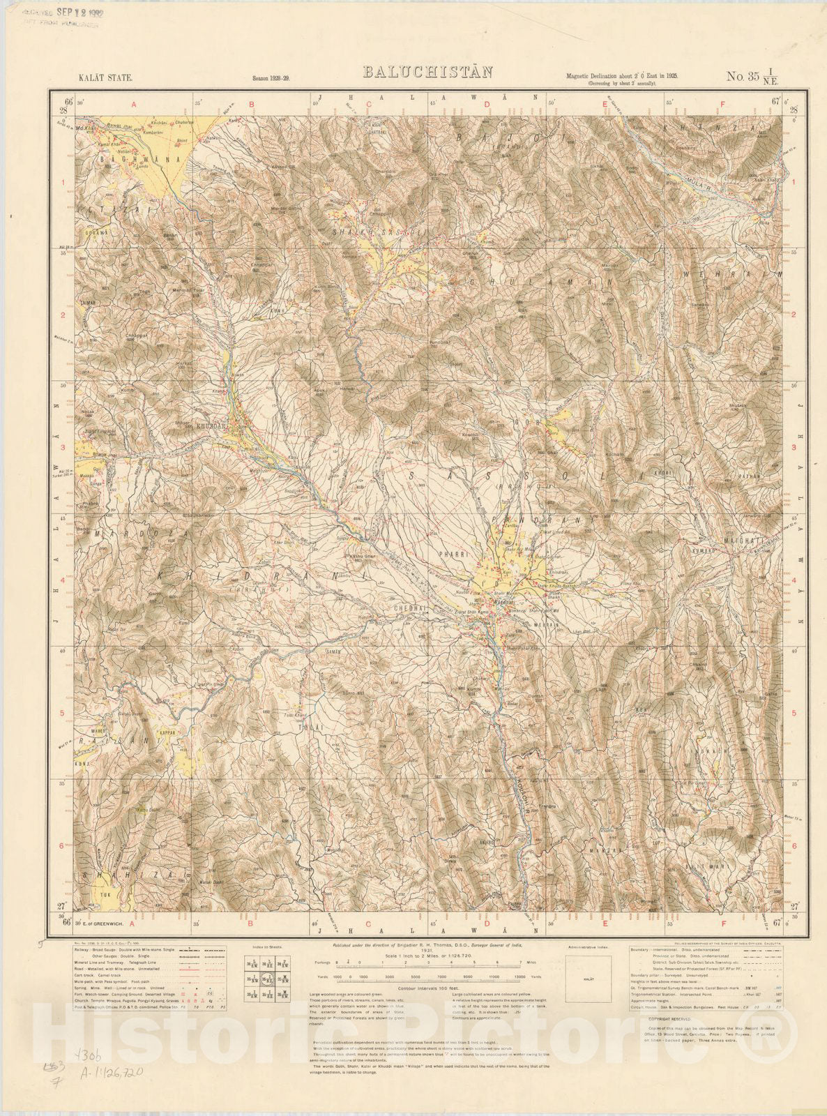 Map : Kalat State, Baluchistan, No. 35 I/N.E. 1931, India and adjacent countries, Antique Vintage Reproduction